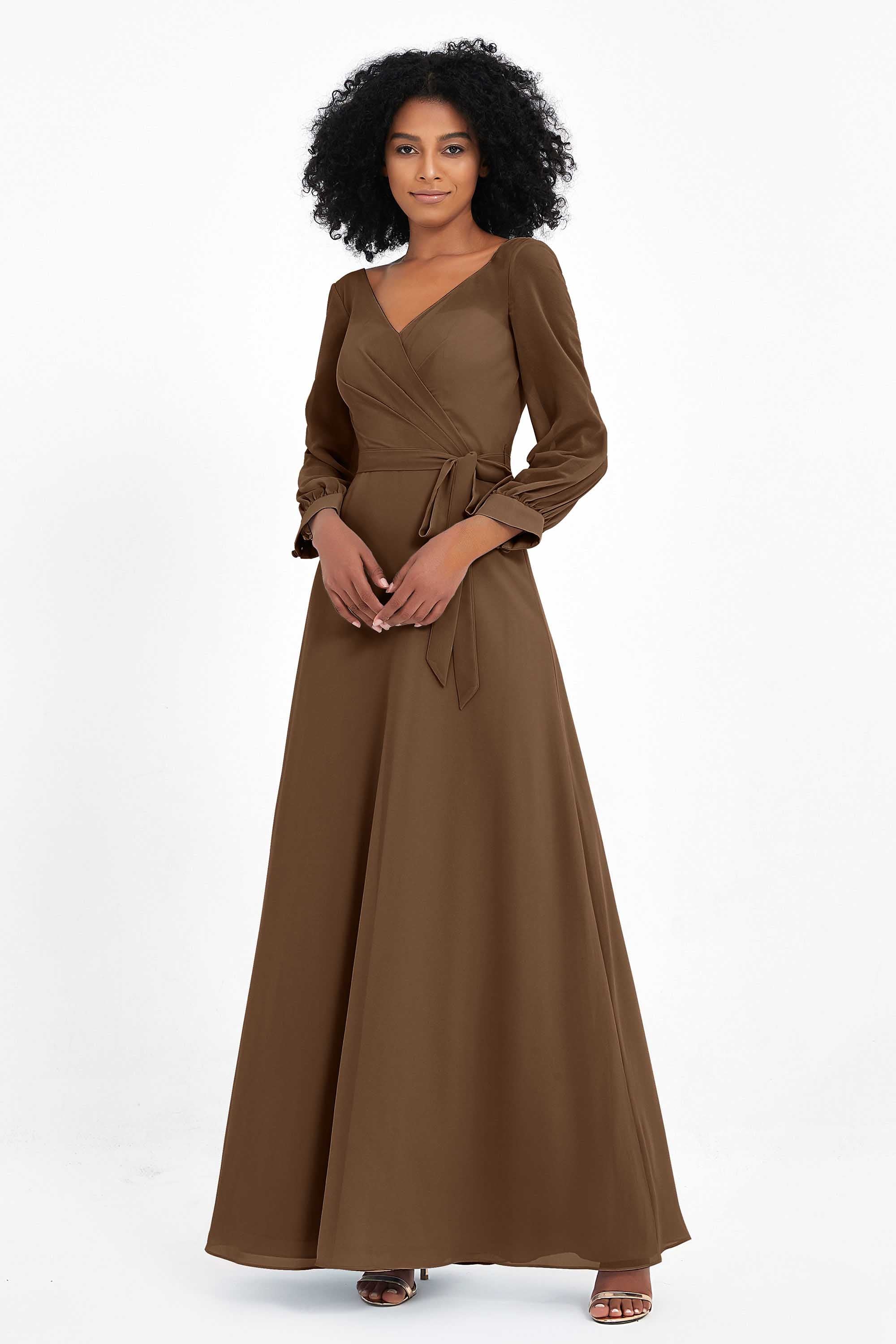 Elegance V Neck Junior Bridesmaid Dress Chiffon Long Sleeves Pleated Sashes Formal Evening Dresses
