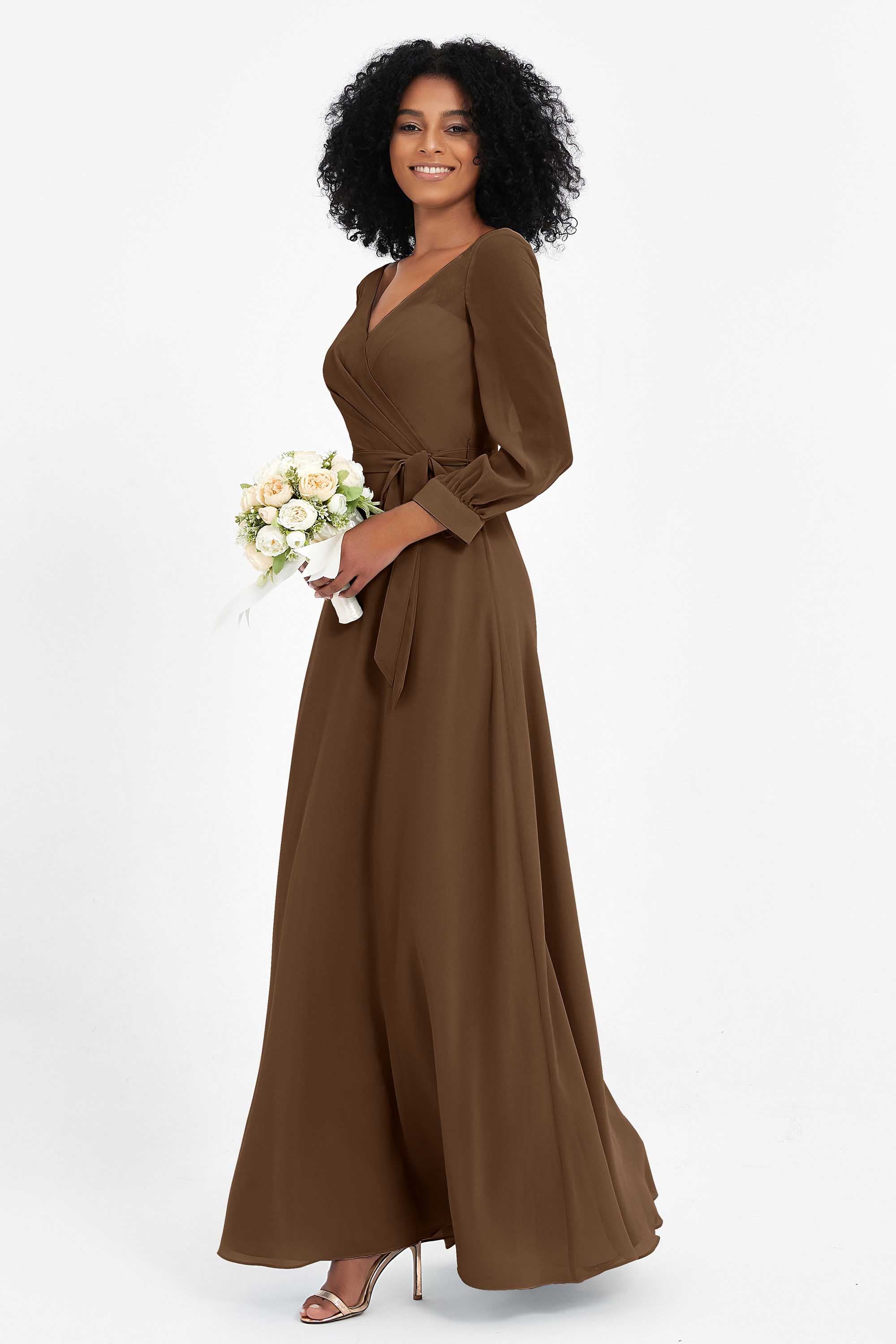 Elegance V Neck Junior Bridesmaid Dress Chiffon Long Sleeves Pleated Sashes Formal Evening Dresses