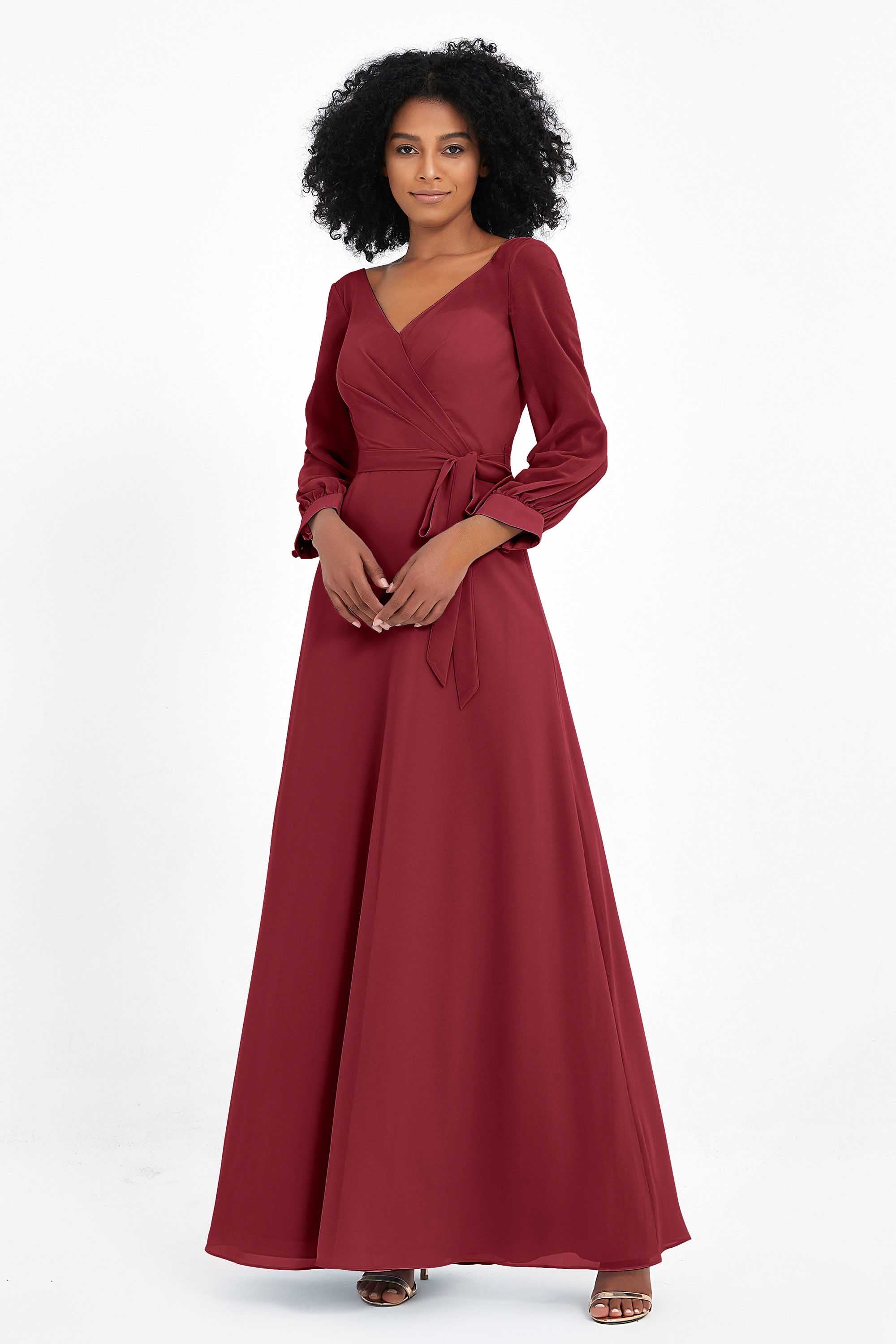 Elegance V Neck Junior Bridesmaid Dress Chiffon Long Sleeves Pleated Sashes Formal Evening Dresses