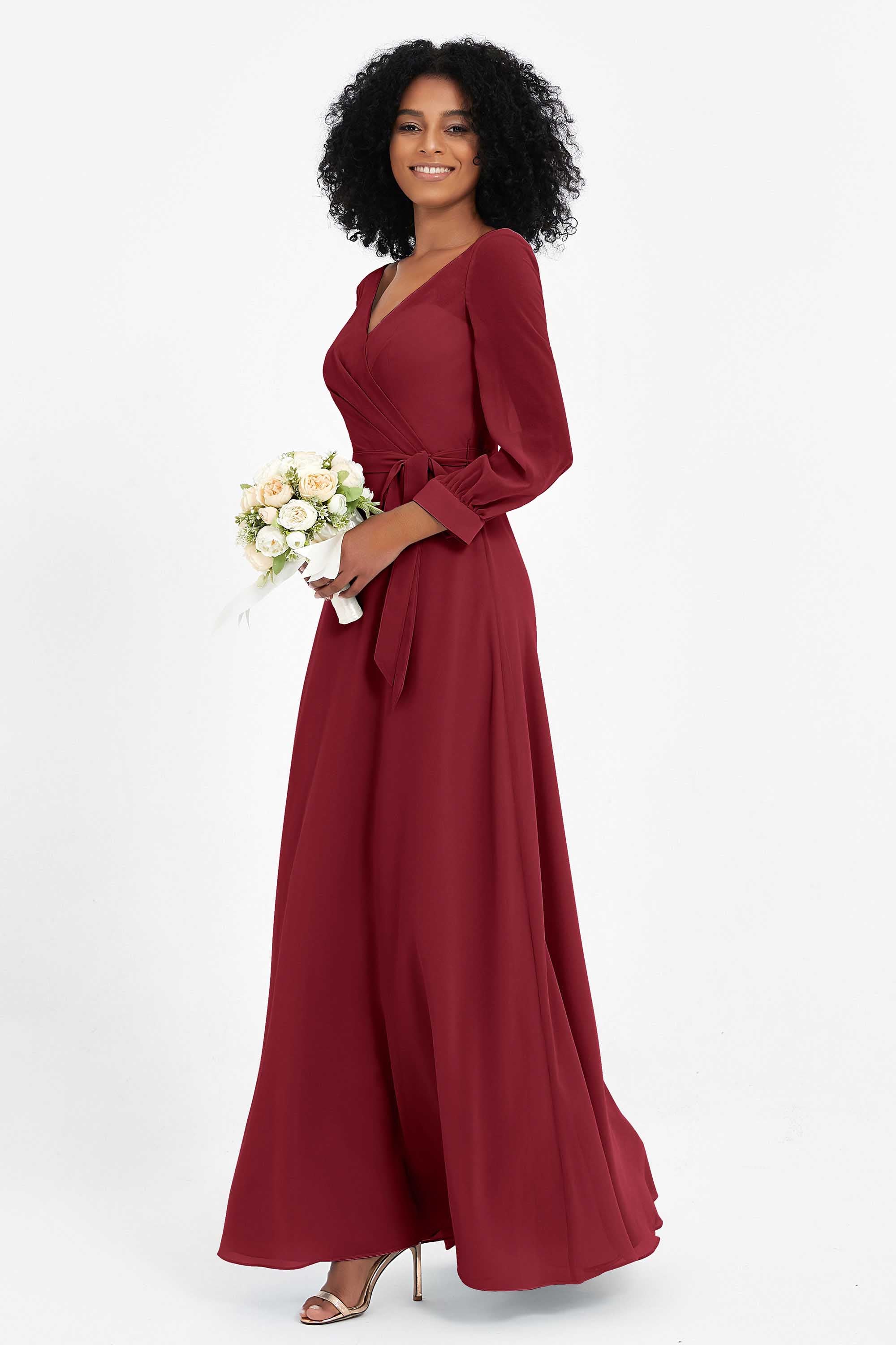 Elegance V Neck Junior Bridesmaid Dress Chiffon Long Sleeves Pleated Sashes Formal Evening Dresses