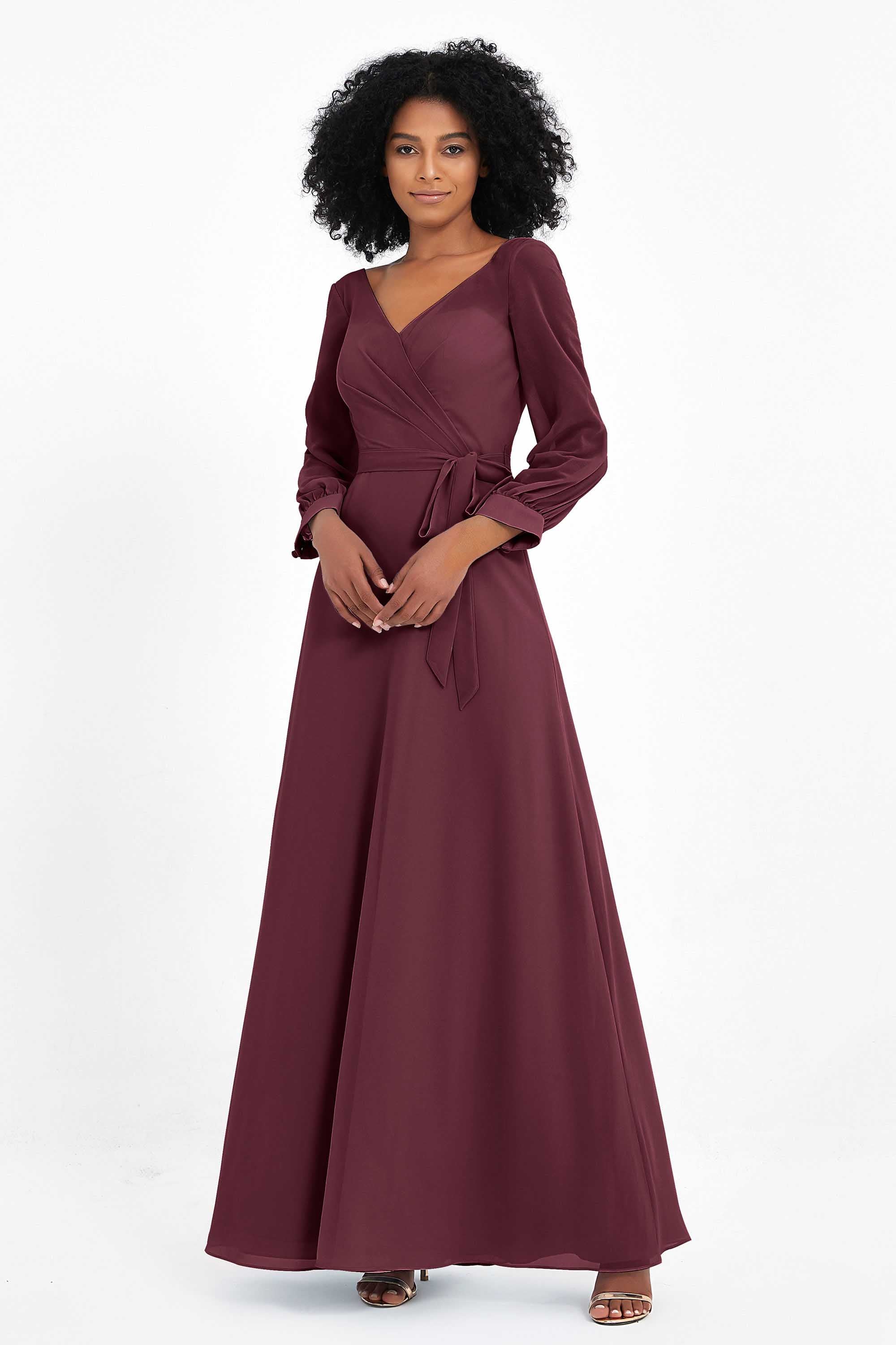 Elegance V Neck Junior Bridesmaid Dress Chiffon Long Sleeves Pleated Sashes Formal Evening Dresses