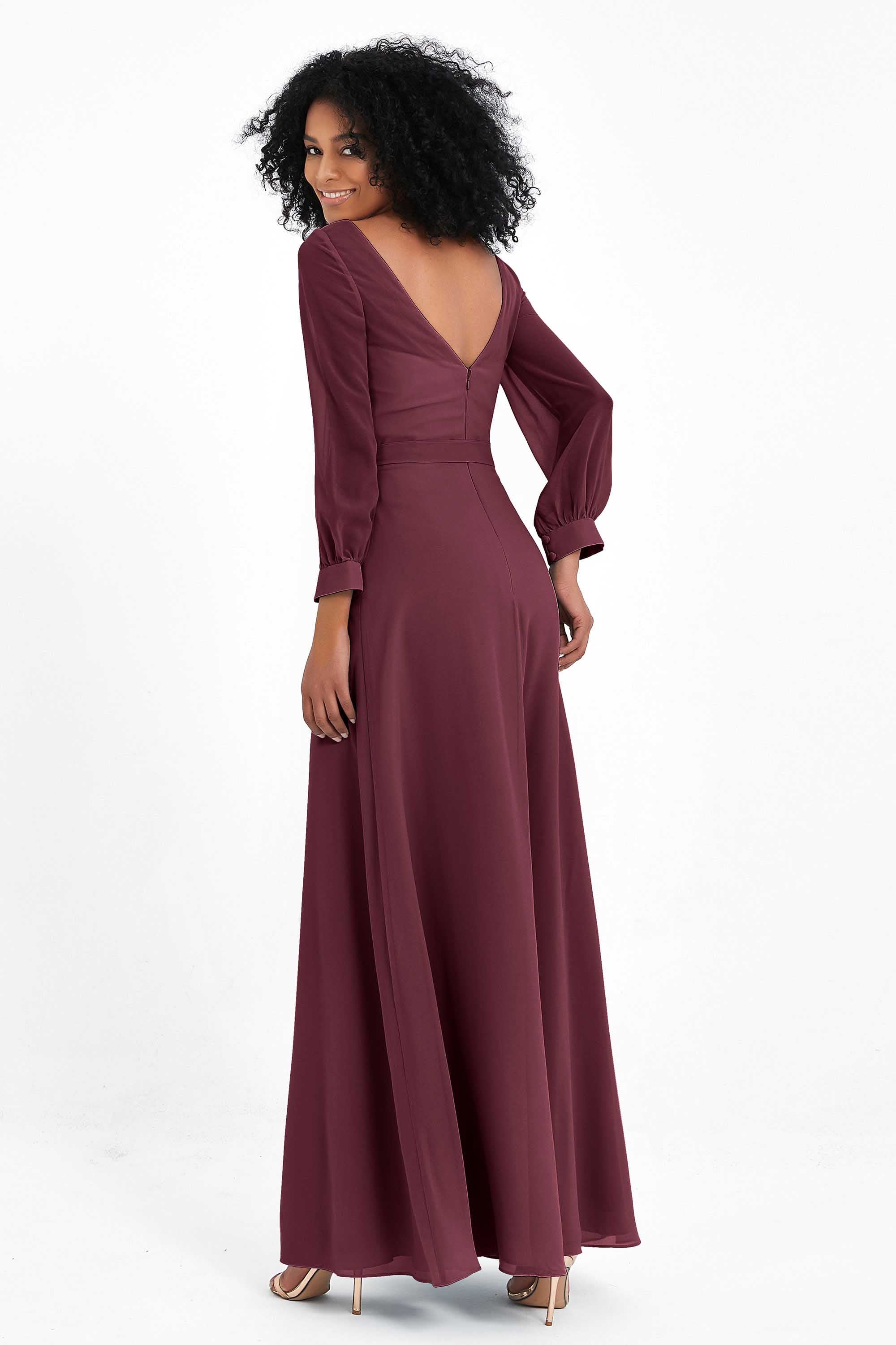Elegance V Neck Junior Bridesmaid Dress Chiffon Long Sleeves Pleated Sashes Formal Evening Dresses