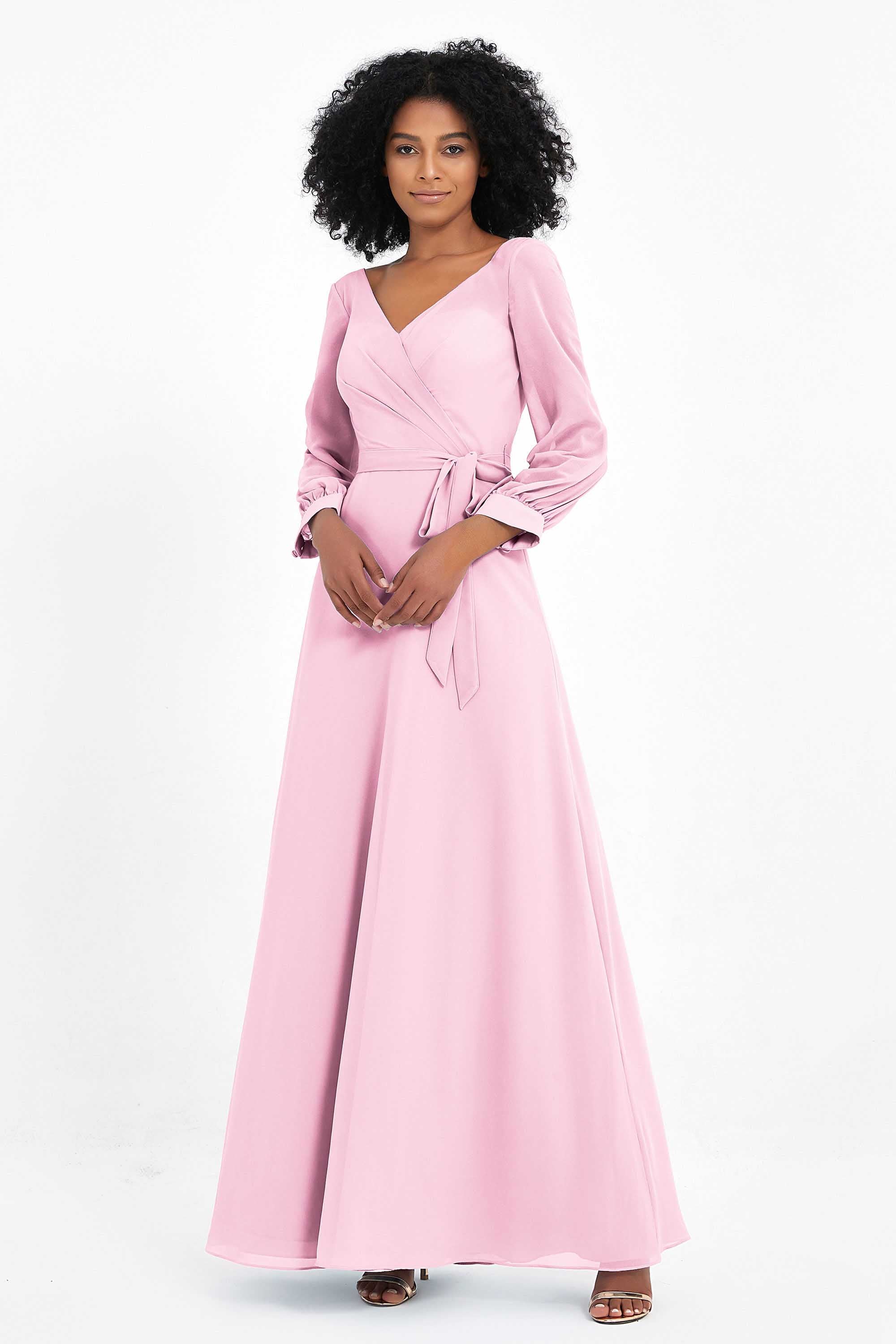 Elegance V Neck Junior Bridesmaid Dress Chiffon Long Sleeves Pleated Sashes Formal Evening Dresses