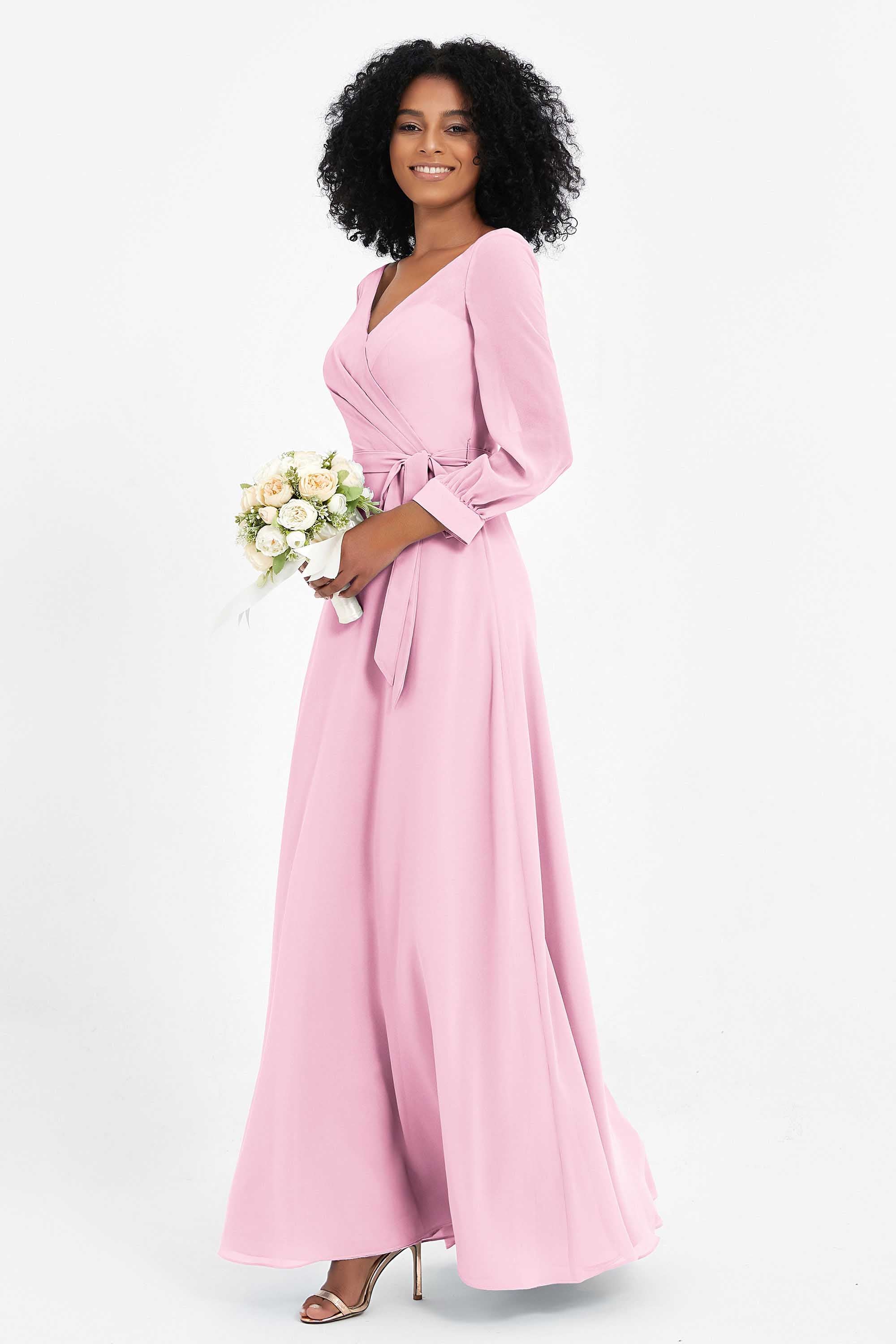 Elegance V Neck Junior Bridesmaid Dress Chiffon Long Sleeves Pleated Sashes Formal Evening Dresses