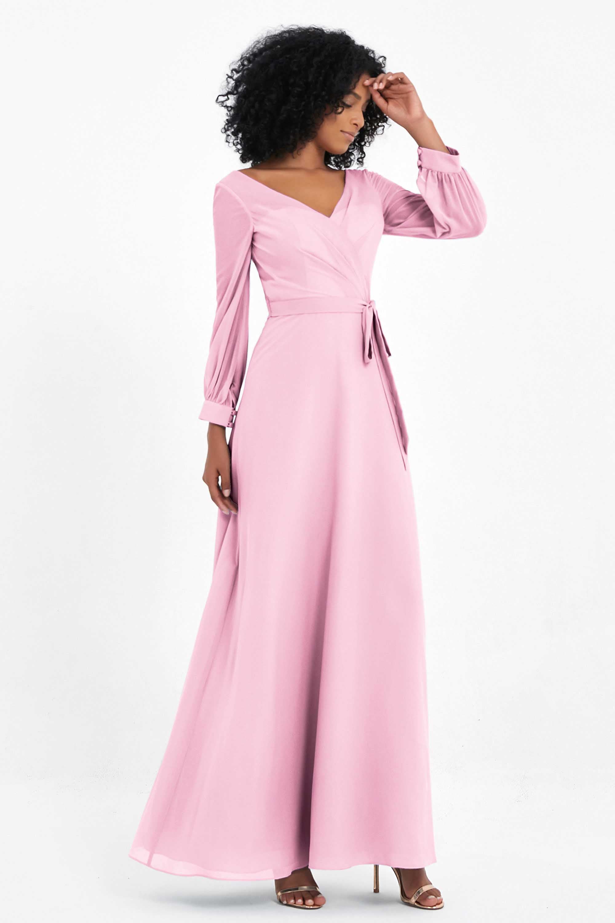 Elegance V Neck Junior Bridesmaid Dress Chiffon Long Sleeves Pleated Sashes Formal Evening Dresses