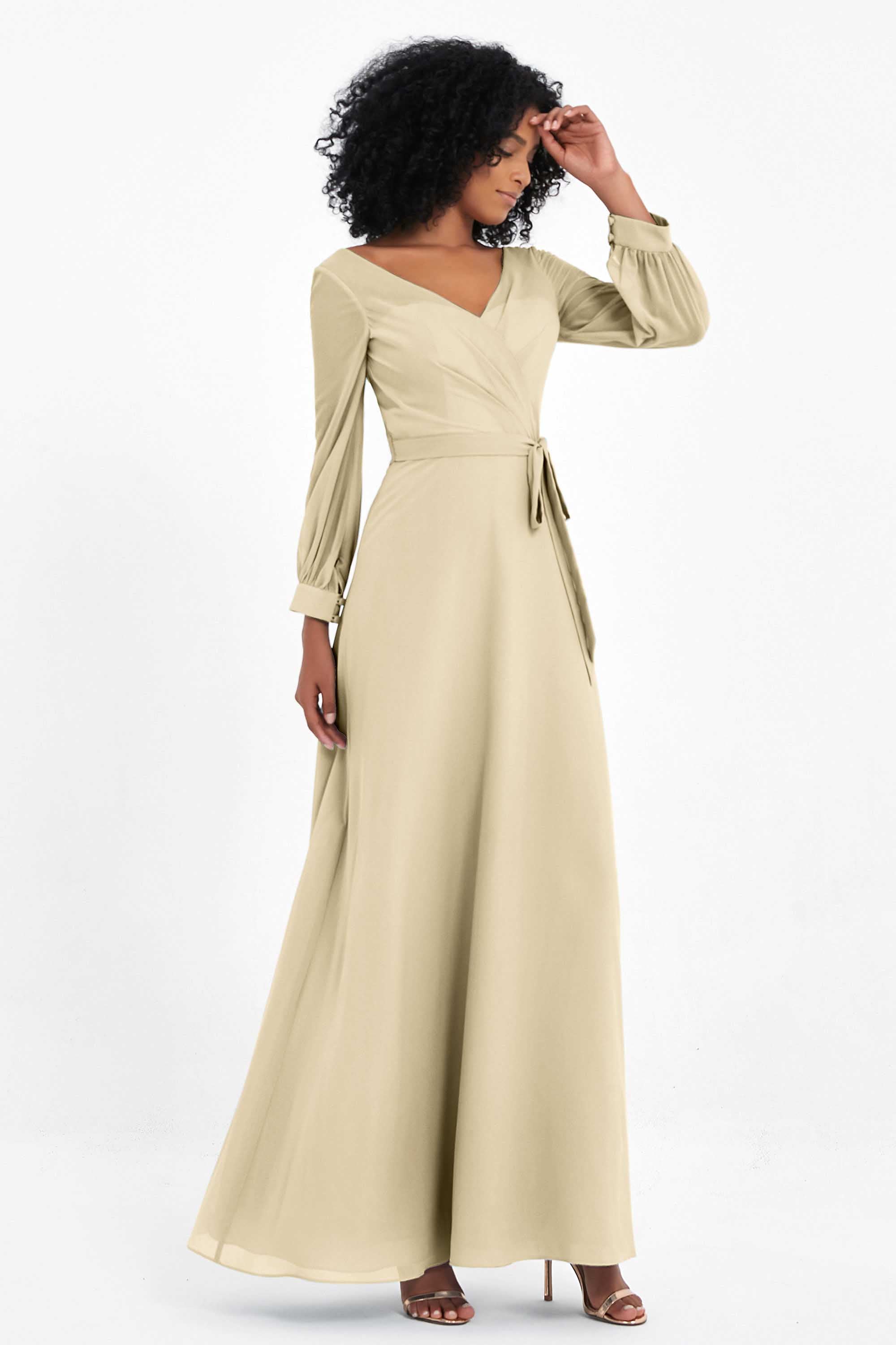 Elegance V Neck Junior Bridesmaid Dress Chiffon Long Sleeves Pleated Sashes Formal Evening Dresses