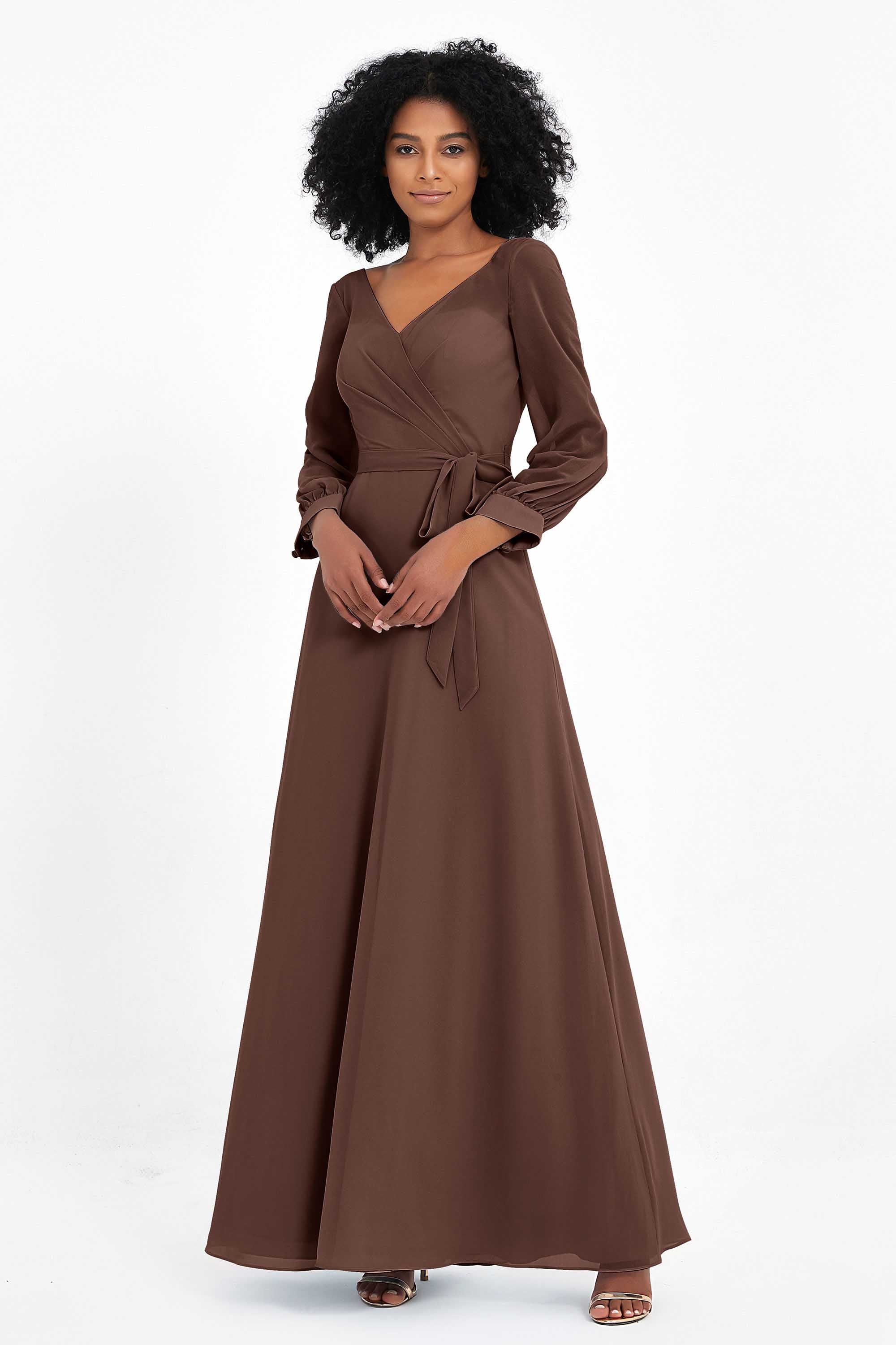 Elegance V Neck Junior Bridesmaid Dress Chiffon Long Sleeves Pleated Sashes Formal Evening Dresses