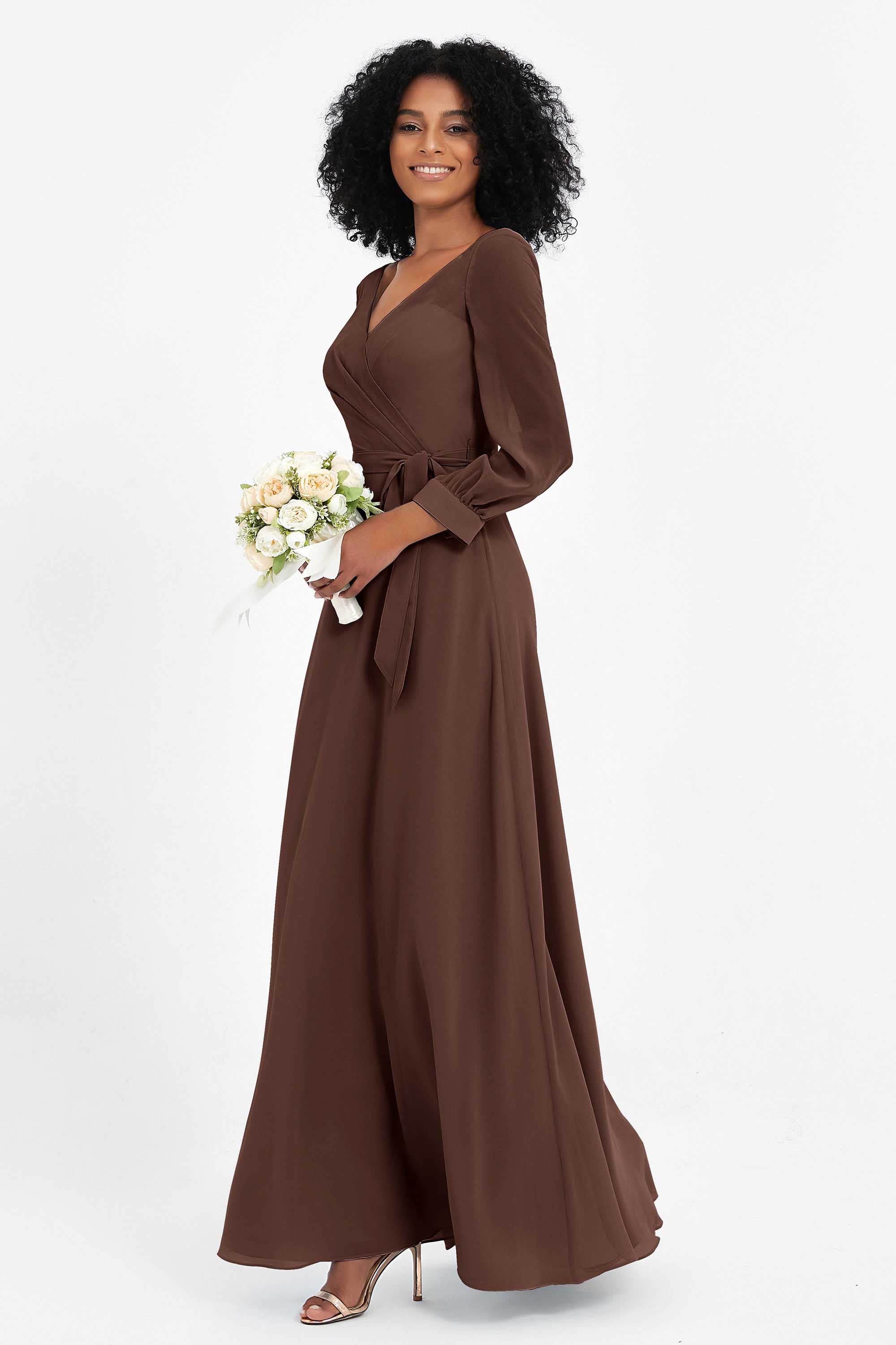 Elegance V Neck Junior Bridesmaid Dress Chiffon Long Sleeves Pleated Sashes Formal Evening Dresses