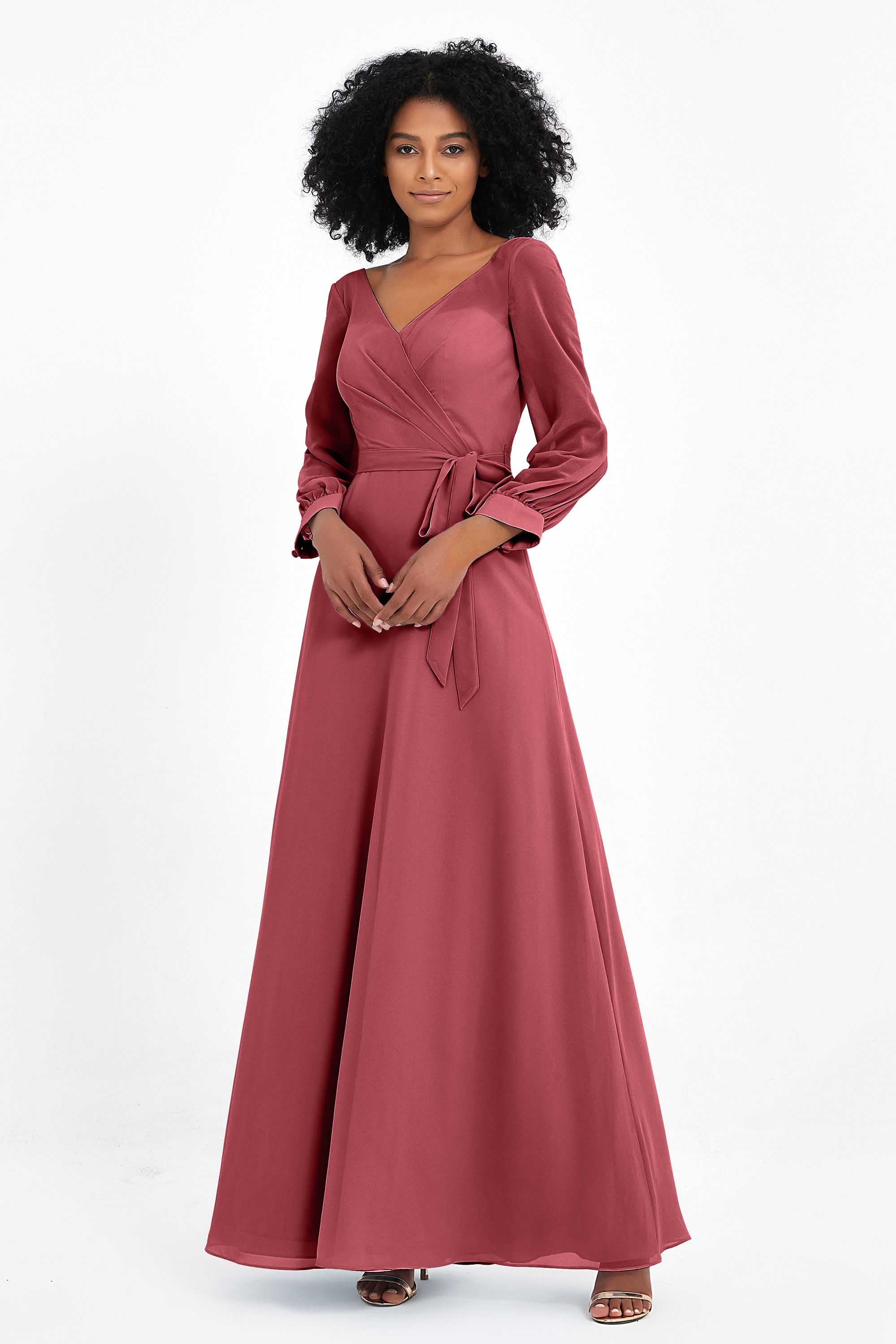 Elegance V Neck Junior Bridesmaid Dress Chiffon Long Sleeves Pleated Sashes Formal Evening Dresses