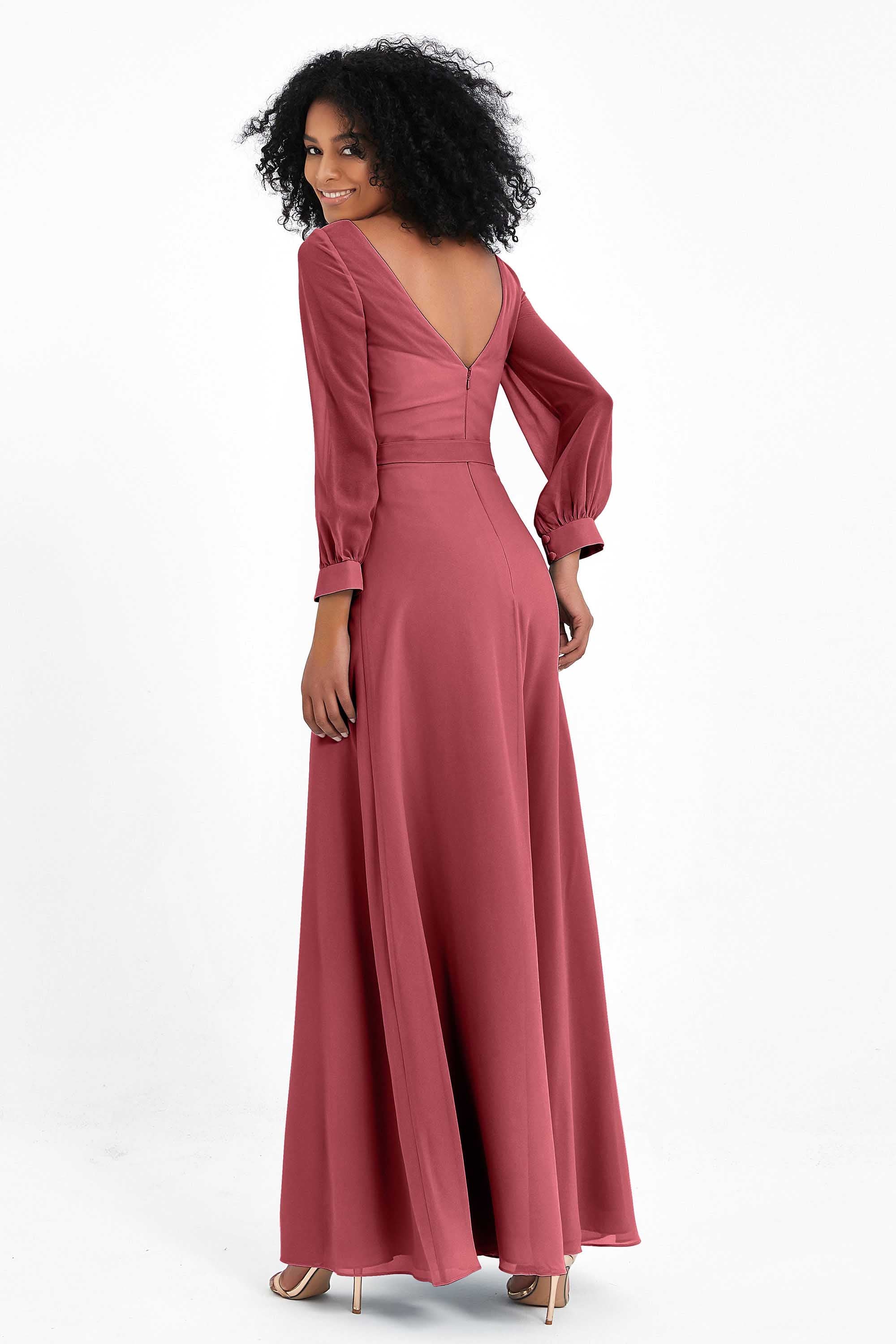 Elegance V Neck Junior Bridesmaid Dress Chiffon Long Sleeves Pleated Sashes Formal Evening Dresses