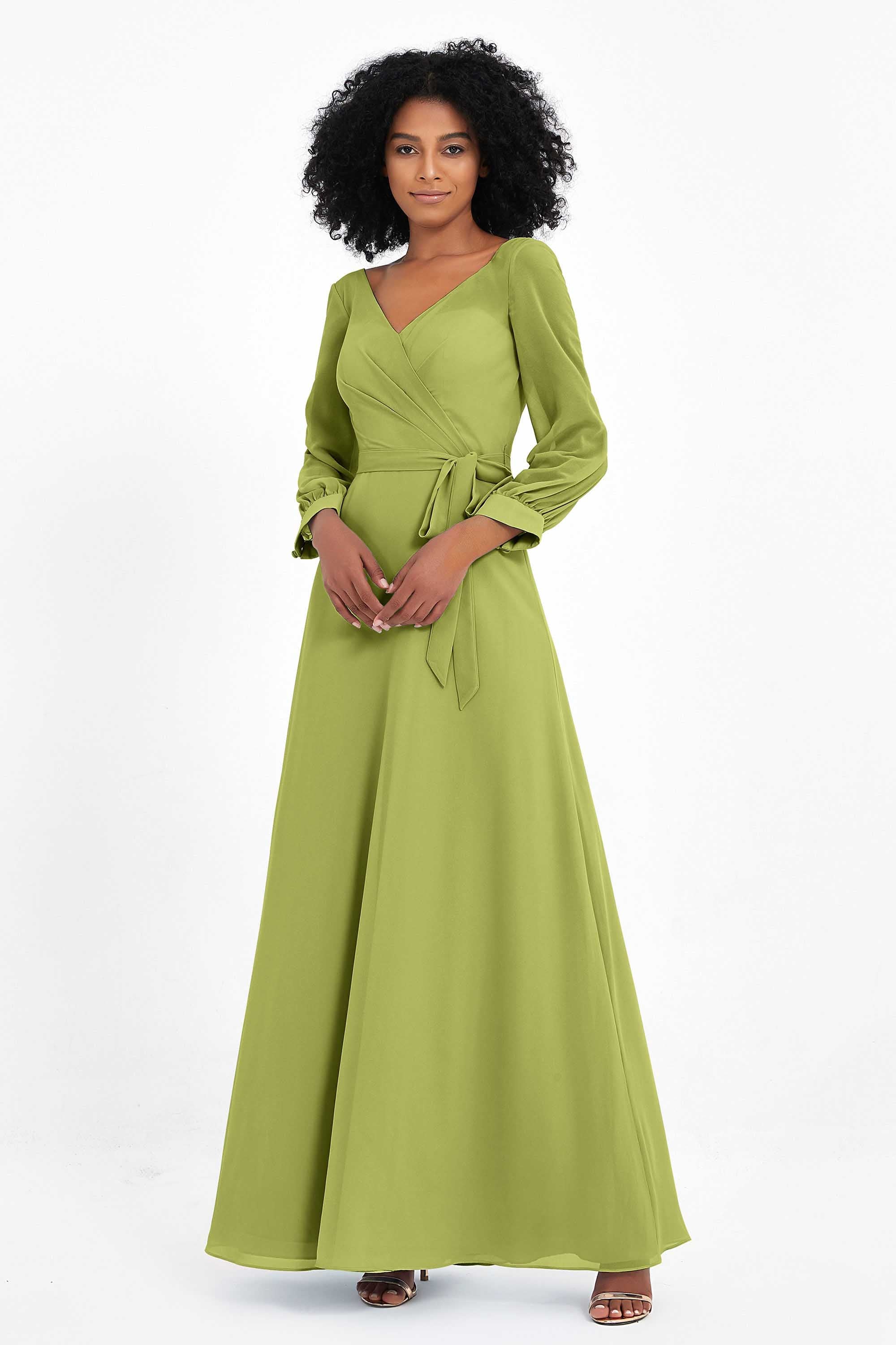 Elegance V Neck Junior Bridesmaid Dress Chiffon Long Sleeves Pleated Sashes Formal Evening Dresses