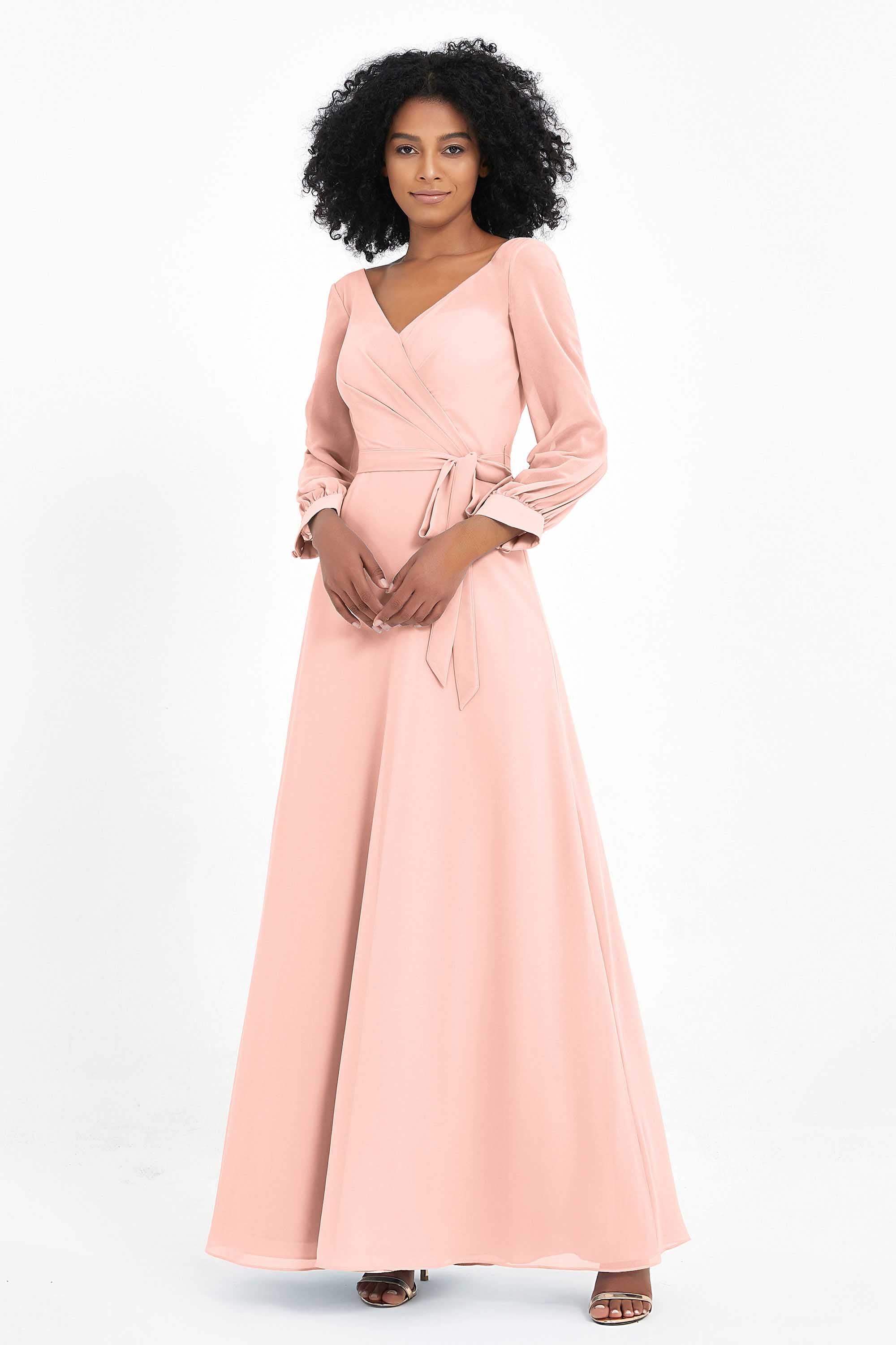 Elegance V Neck Junior Bridesmaid Dress Chiffon Long Sleeves Pleated Sashes Formal Evening Dresses