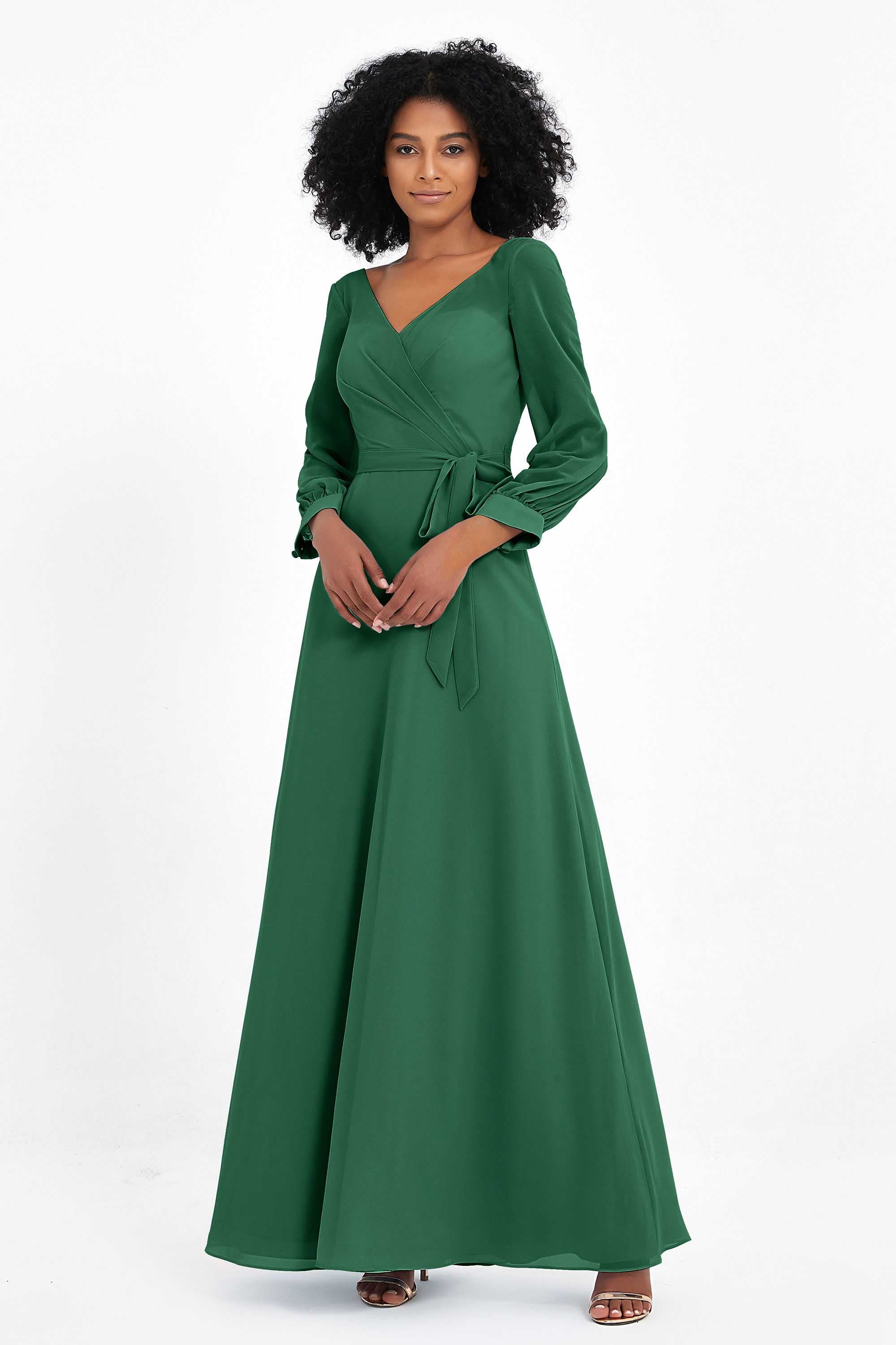 Elegance V Neck Junior Bridesmaid Dress Chiffon Long Sleeves Pleated Sashes Formal Evening Dresses