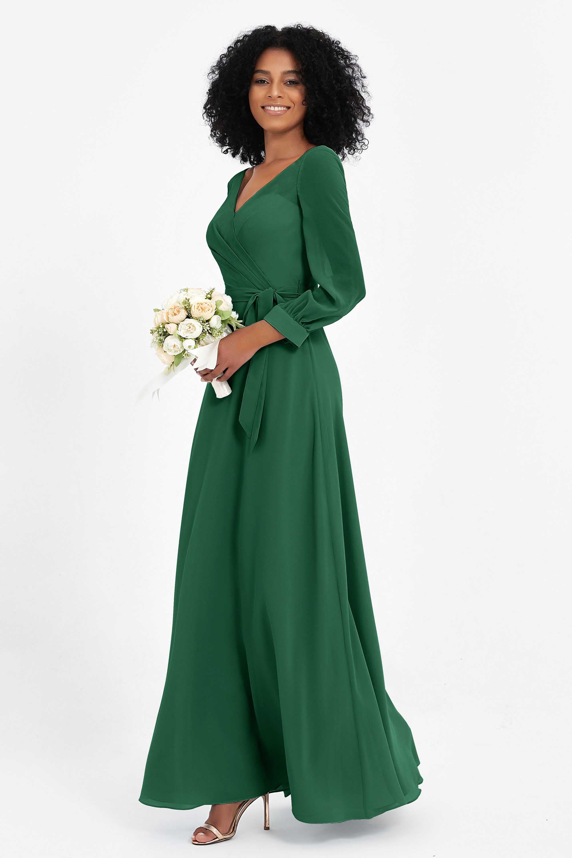 Elegance V Neck Junior Bridesmaid Dress Chiffon Long Sleeves Pleated Sashes Formal Evening Dresses