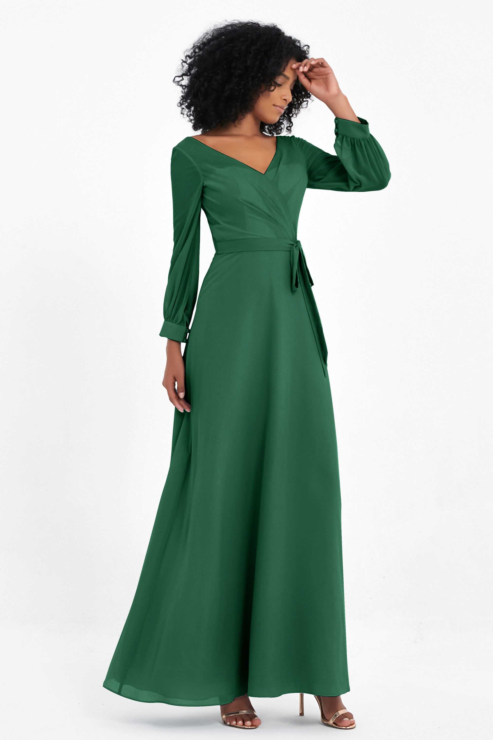 Elegance V Neck Junior Bridesmaid Dress Chiffon Long Sleeves Pleated Sashes Formal Evening Dresses