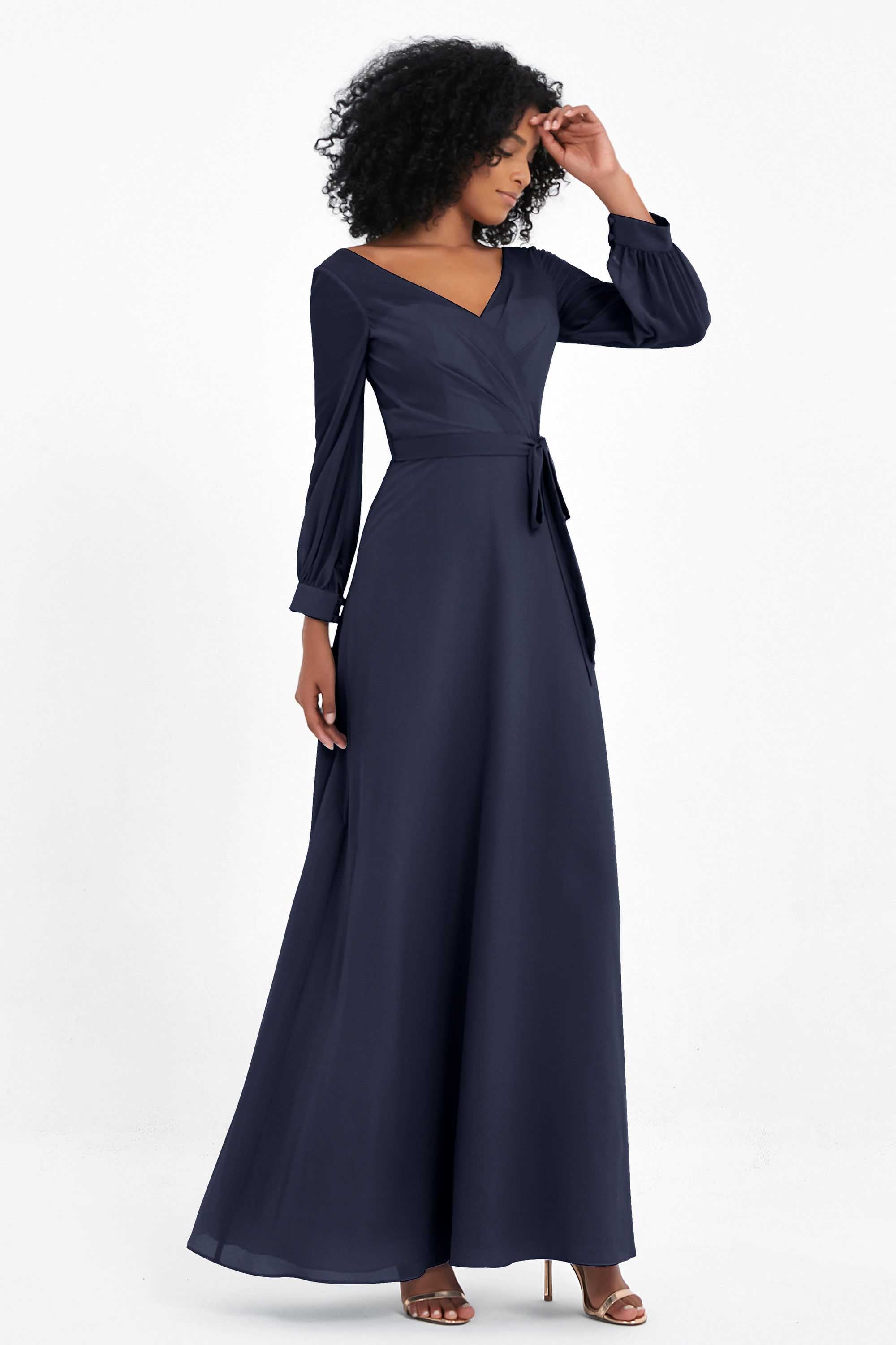 Elegance V Neck Junior Bridesmaid Dress Chiffon Long Sleeves Pleated Sashes Formal Evening Dresses