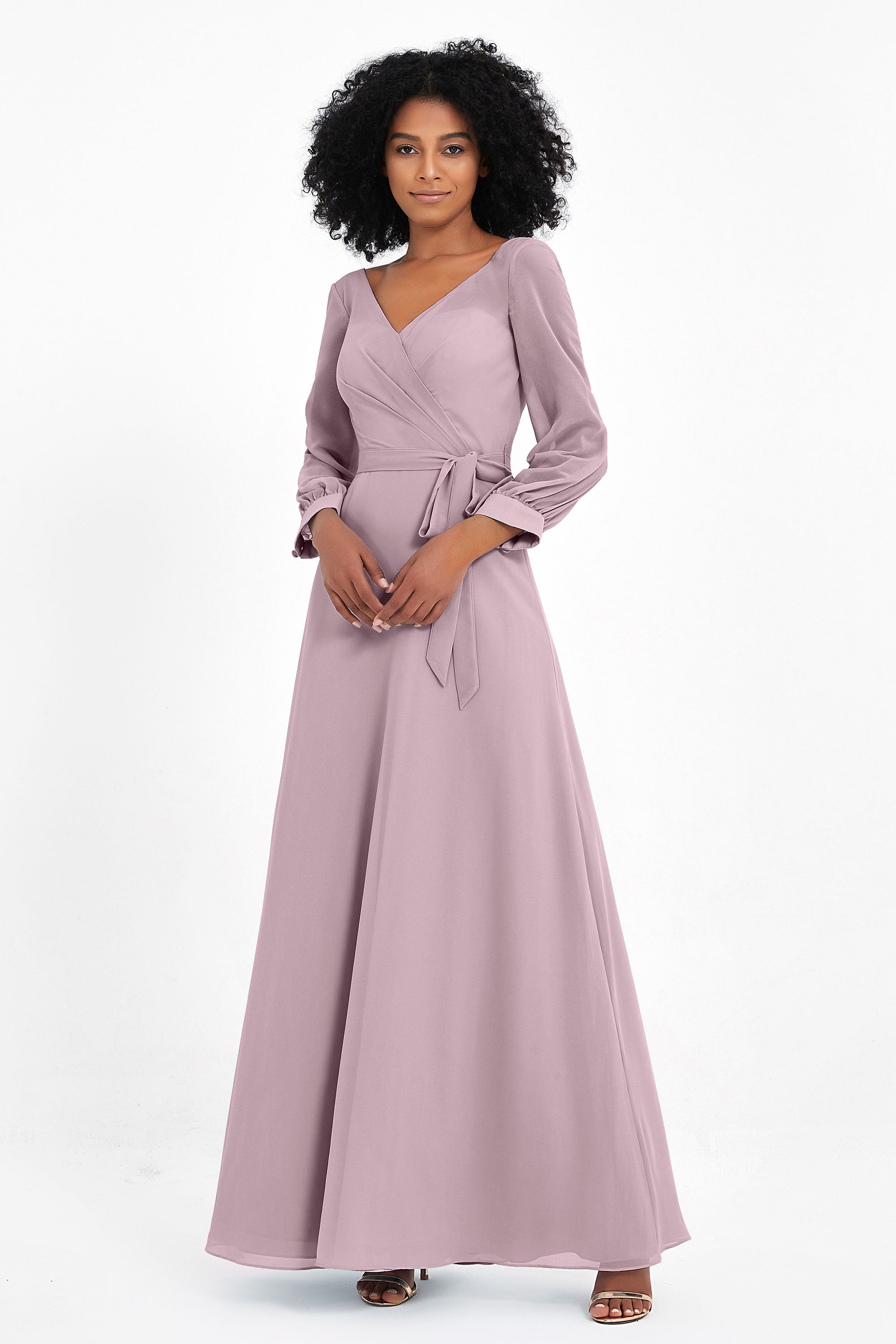Elegance V Neck Junior Bridesmaid Dress Chiffon Long Sleeves Pleated Sashes Formal Evening Dresses