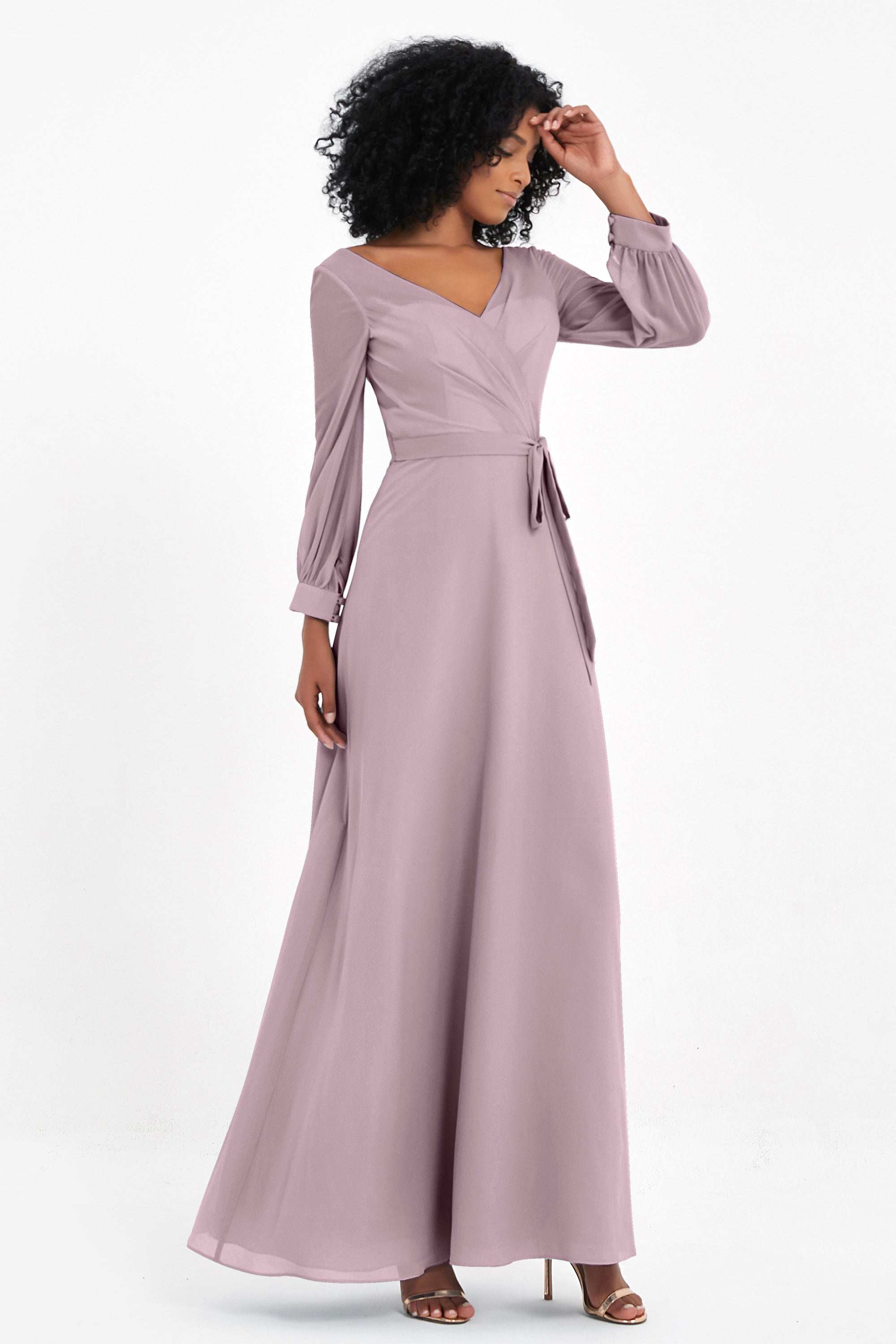 Elegance V Neck Junior Bridesmaid Dress Chiffon Long Sleeves Pleated Sashes Formal Evening Dresses