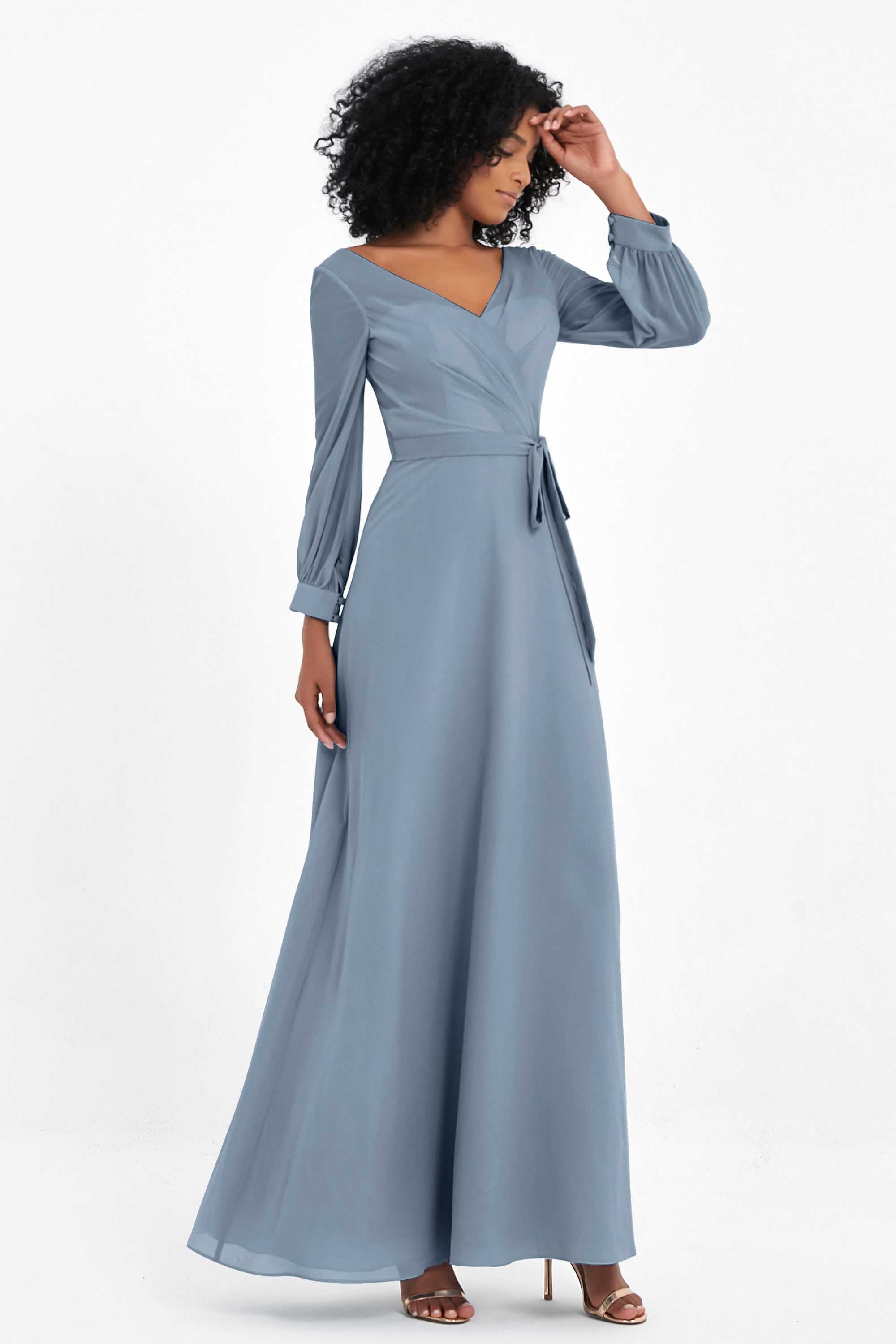 Elegance V Neck Junior Bridesmaid Dress Chiffon Long Sleeves Pleated Sashes Formal Evening Dresses