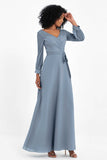 Elegance V Neck Junior Bridesmaid Dress Chiffon Long Sleeves Pleated Sashes Formal Evening Dresses
