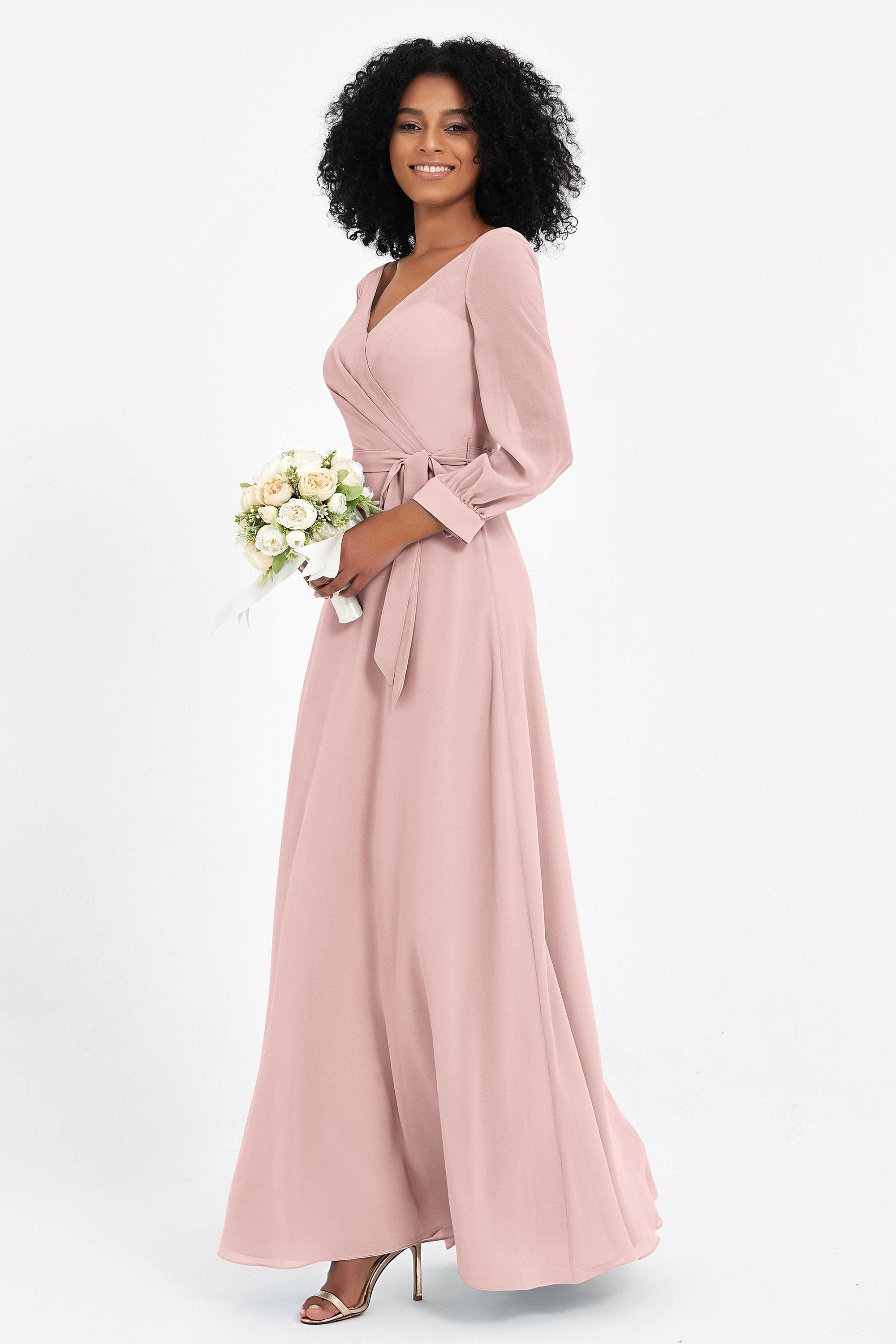 Elegance V Neck Junior Bridesmaid Dress Chiffon Long Sleeves Pleated Sashes Formal Evening Dresses