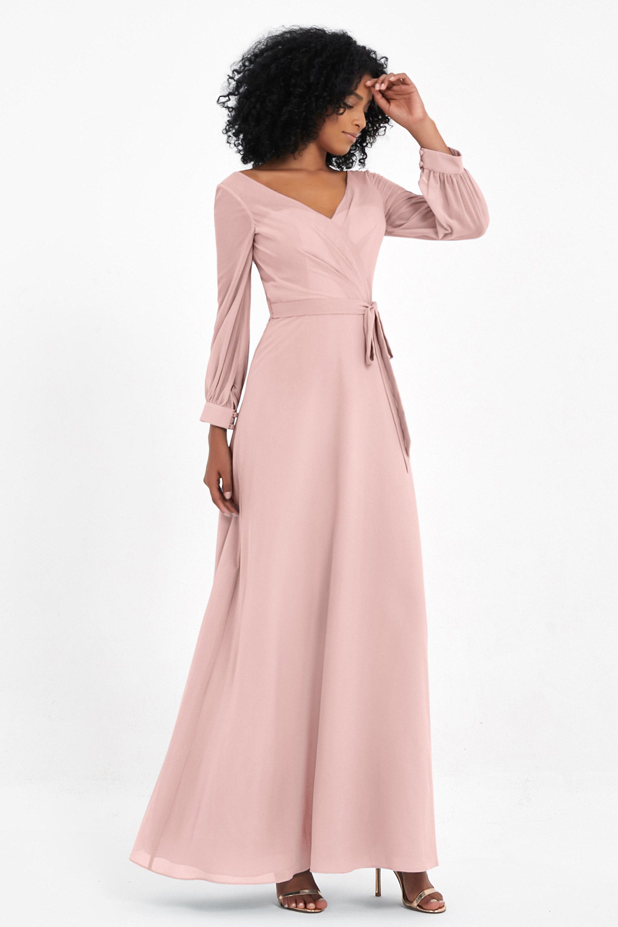 Elegance V Neck Junior Bridesmaid Dress Chiffon Long Sleeves Pleated Sashes Formal Evening Dresses