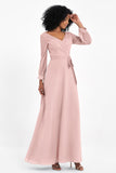 Elegance V Neck Junior Bridesmaid Dress Chiffon Long Sleeves Pleated Sashes Formal Evening Dresses
