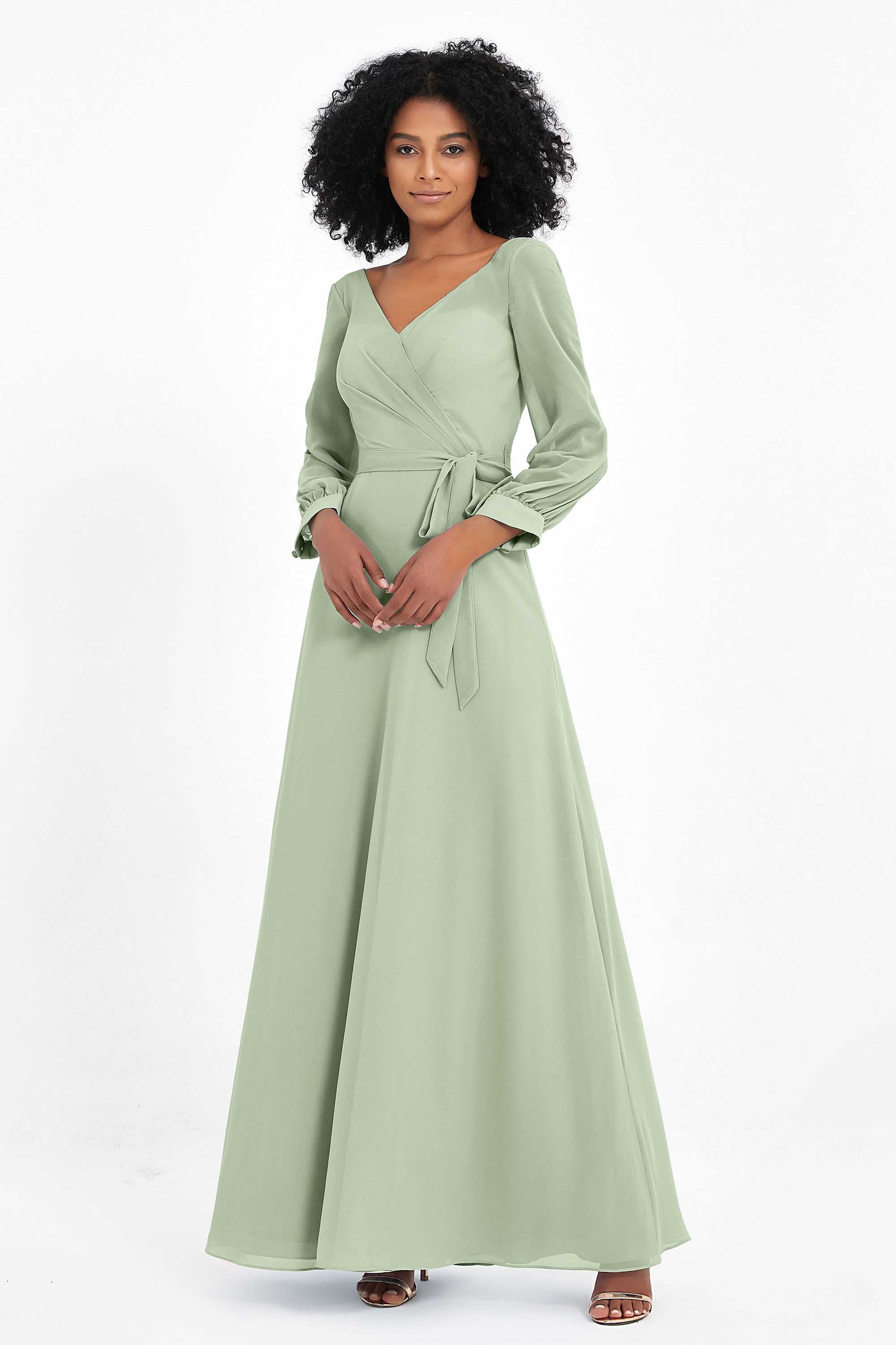 Elegance V Neck Junior Bridesmaid Dress Chiffon Long Sleeves Pleated Sashes Formal Evening Dresses