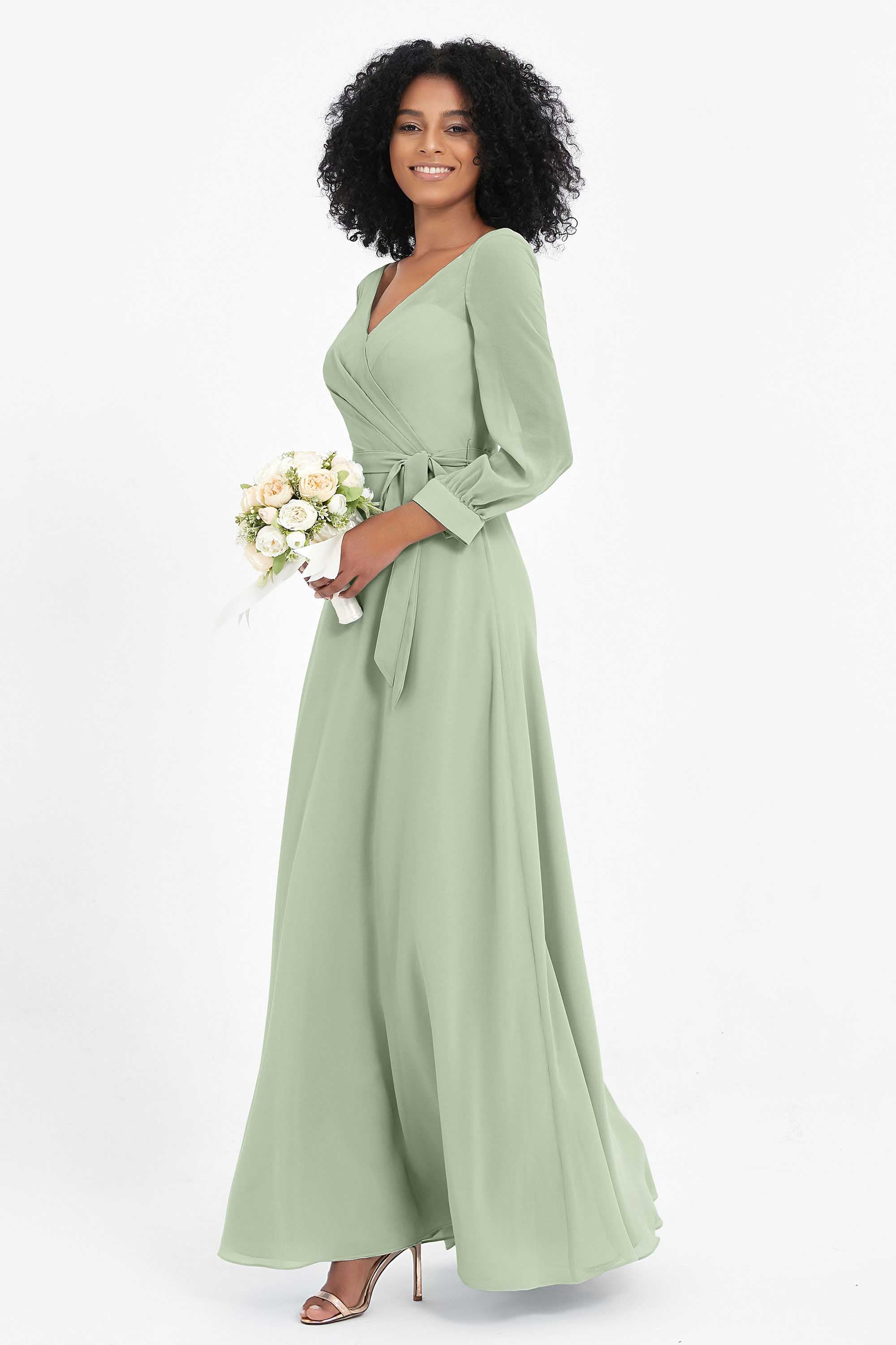 Elegance V Neck Junior Bridesmaid Dress Chiffon Long Sleeves Pleated Sashes Formal Evening Dresses