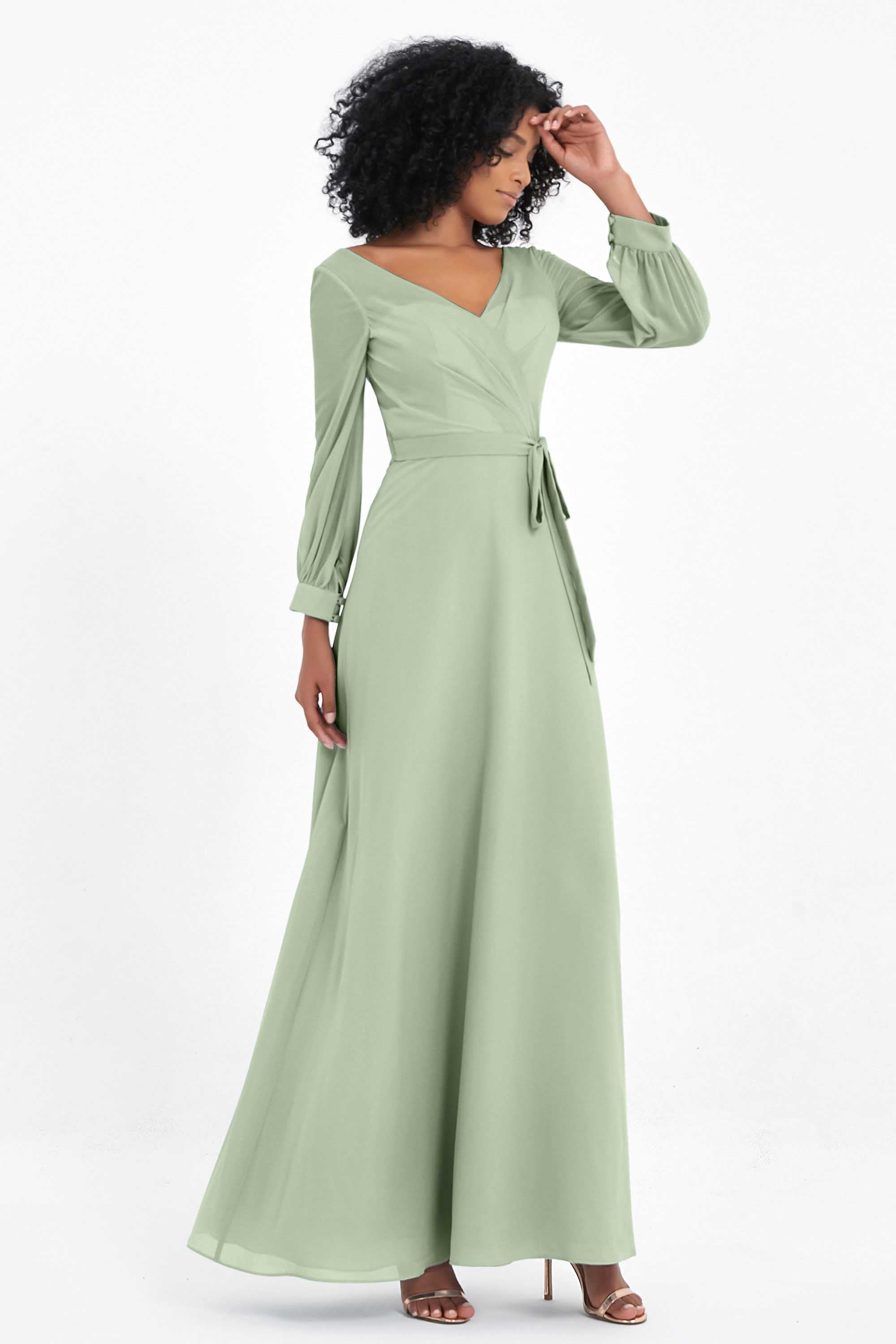 Elegance V Neck Junior Bridesmaid Dress Chiffon Long Sleeves Pleated Sashes Formal Evening Dresses