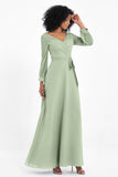 Elegance V Neck Junior Bridesmaid Dress Chiffon Long Sleeves Pleated Sashes Formal Evening Dresses