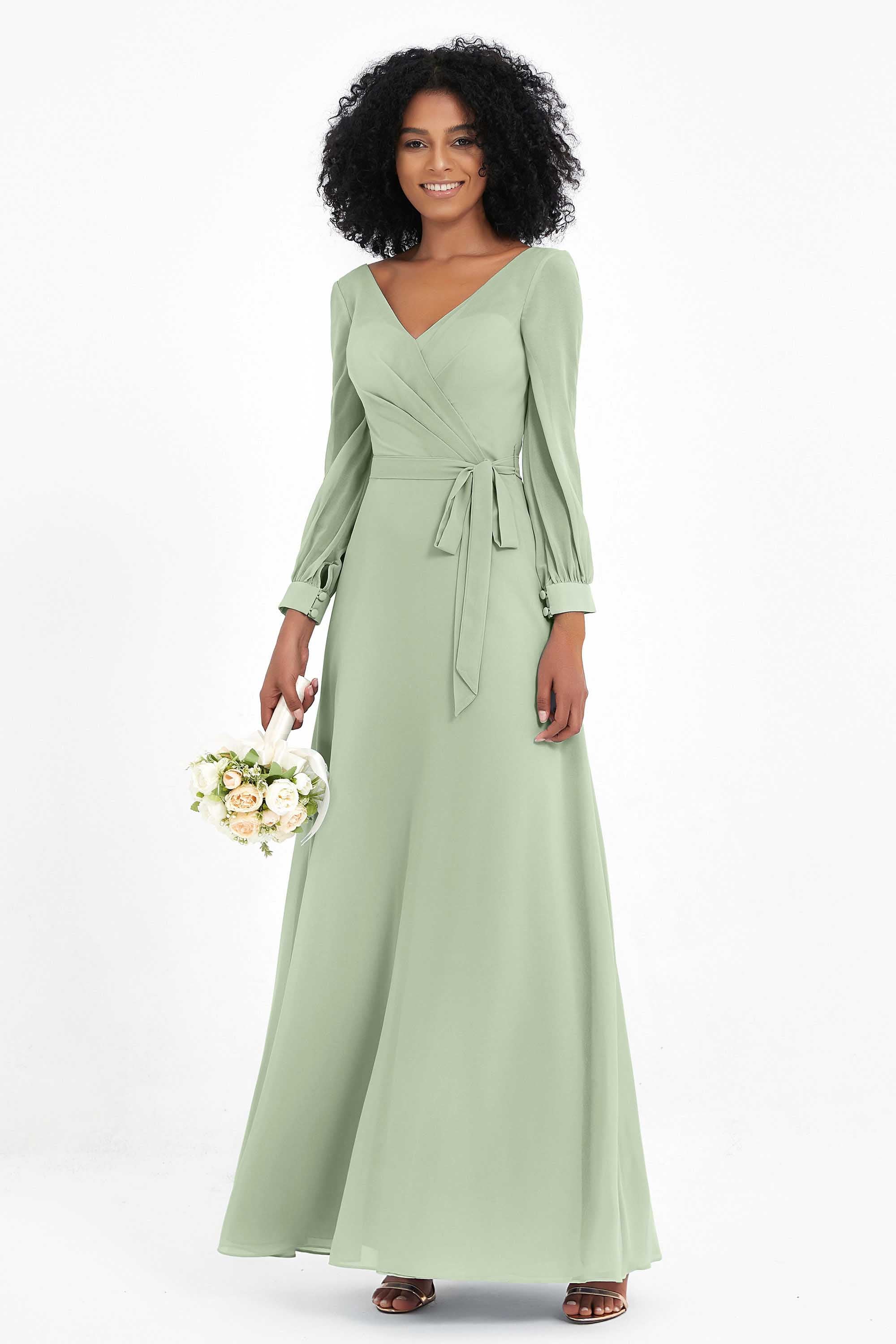 Elegance V Neck Junior Bridesmaid Dress Chiffon Long Sleeves Pleated Sashes Formal Evening Dresses