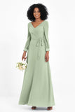 Elegance V Neck Junior Bridesmaid Dress Chiffon Long Sleeves Pleated Sashes Formal Evening Dresses