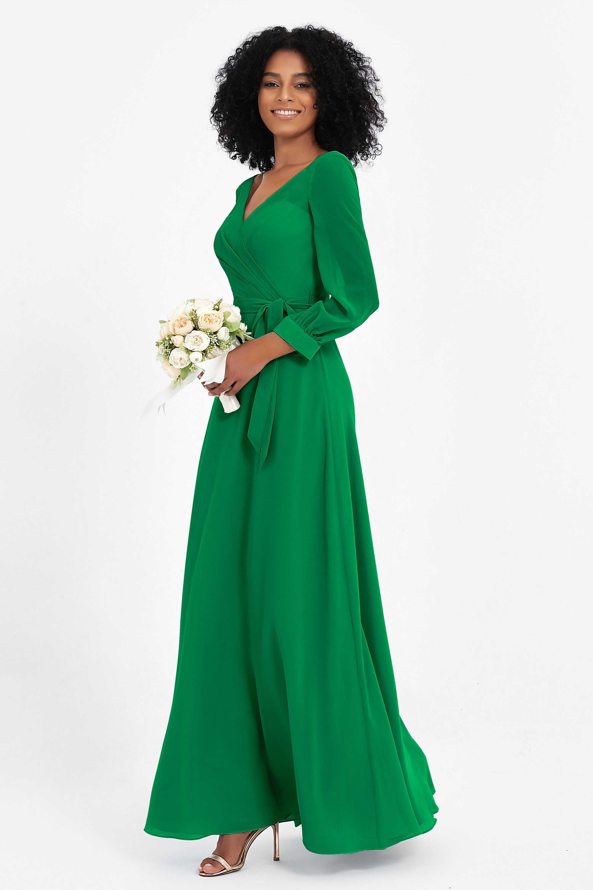 Elegance V Neck Junior Bridesmaid Dress Chiffon Long Sleeves Pleated Sashes Formal Evening Dresses