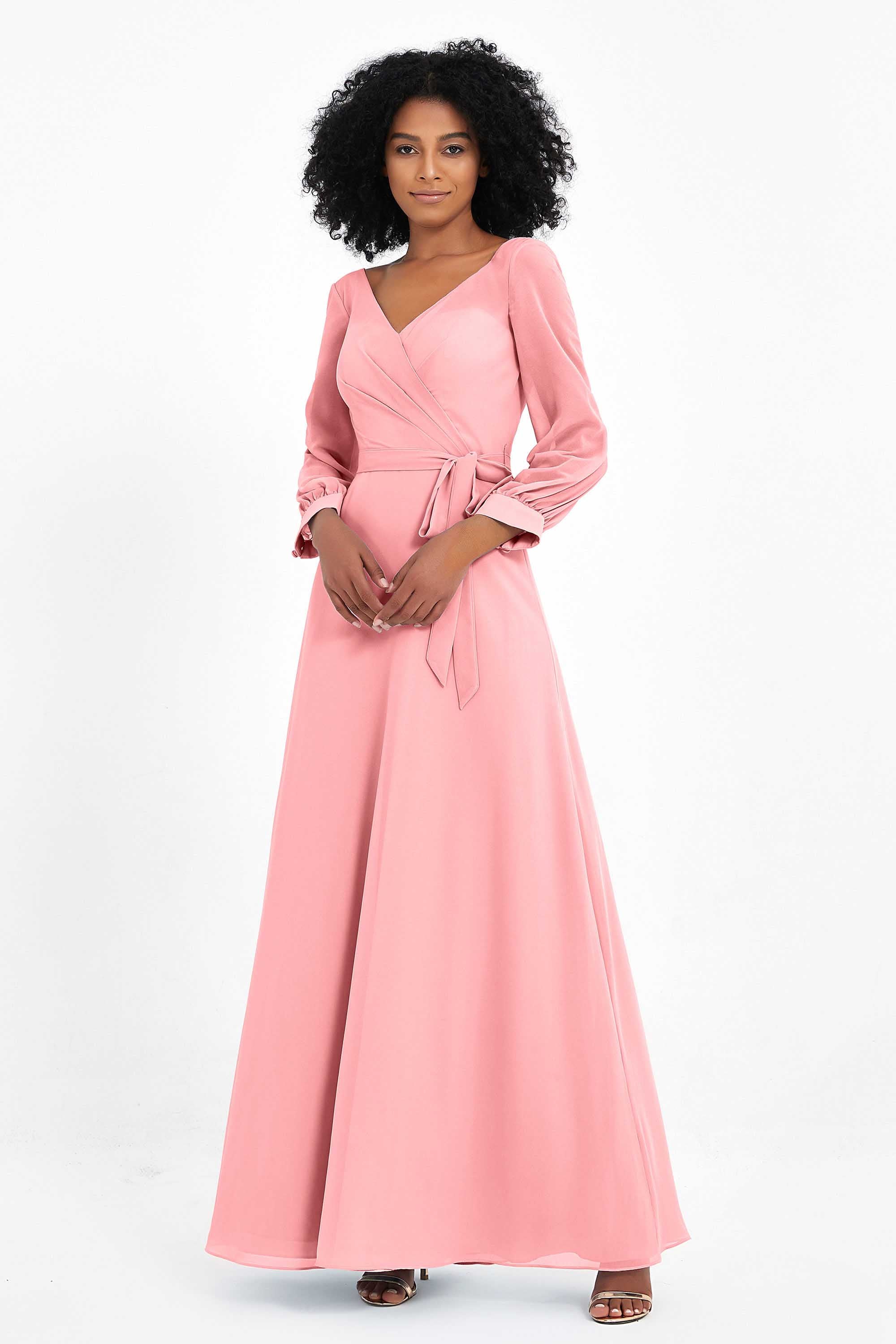 Elegance V Neck Junior Bridesmaid Dress Chiffon Long Sleeves Pleated Sashes Formal Evening Dresses