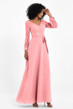 Elegance V Neck Junior Bridesmaid Dress Chiffon Long Sleeves Pleated Sashes Formal Evening Dresses
