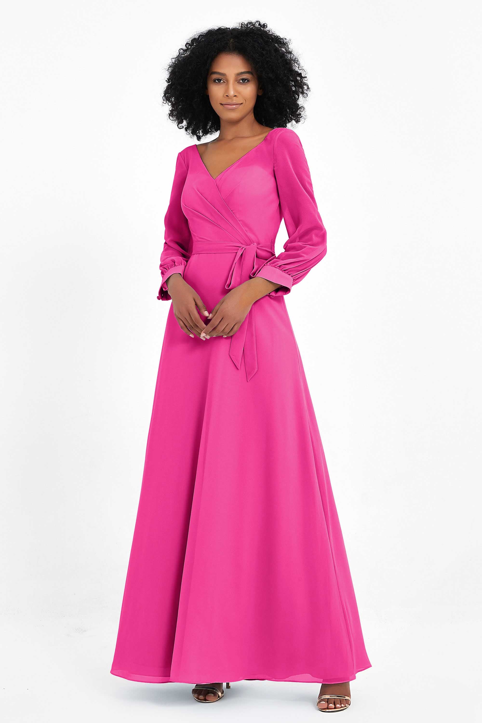 Elegance V Neck Junior Bridesmaid Dress Chiffon Long Sleeves Pleated Sashes Formal Evening Dresses