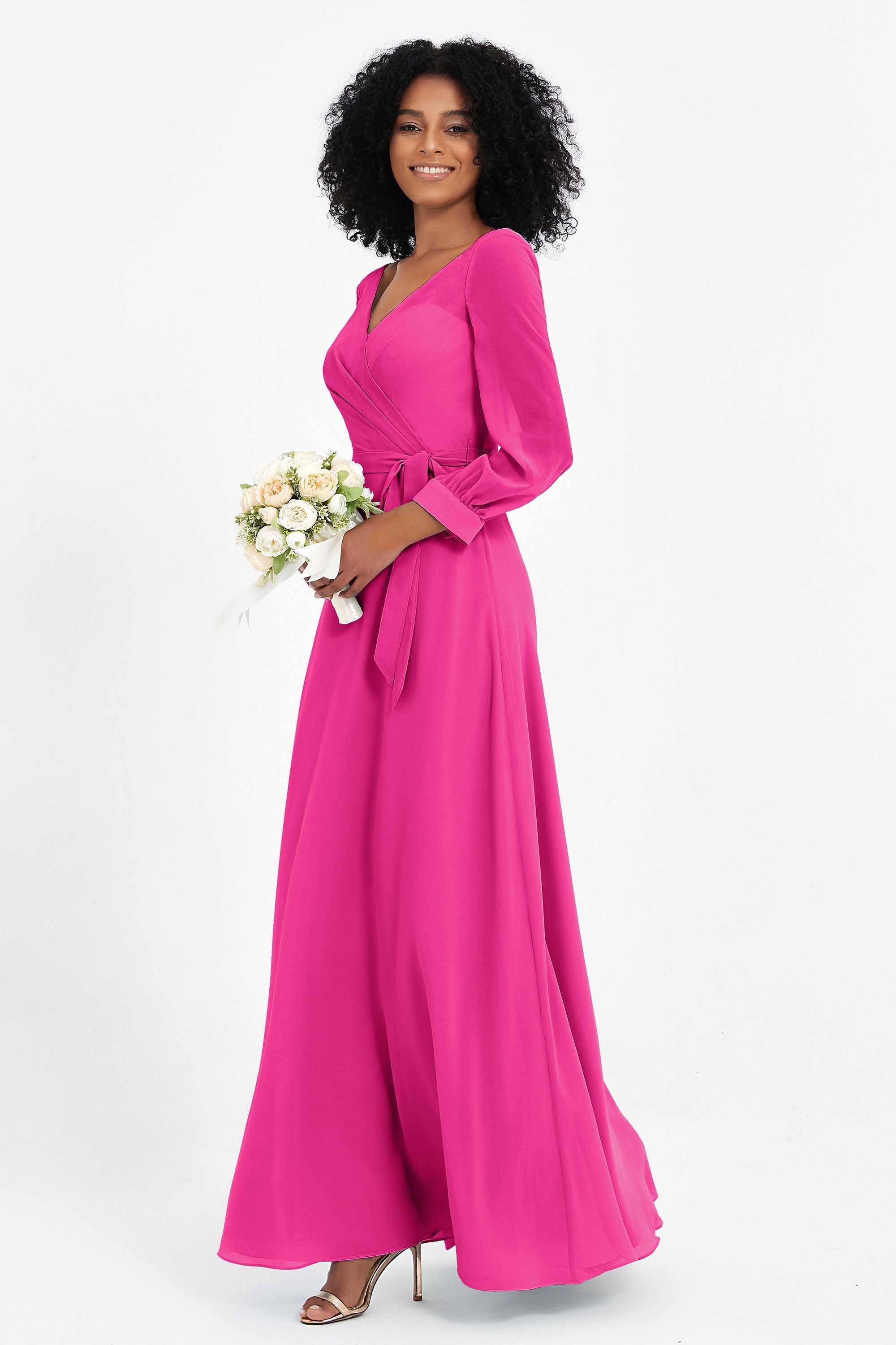 Elegance V Neck Junior Bridesmaid Dress Chiffon Long Sleeves Pleated Sashes Formal Evening Dresses