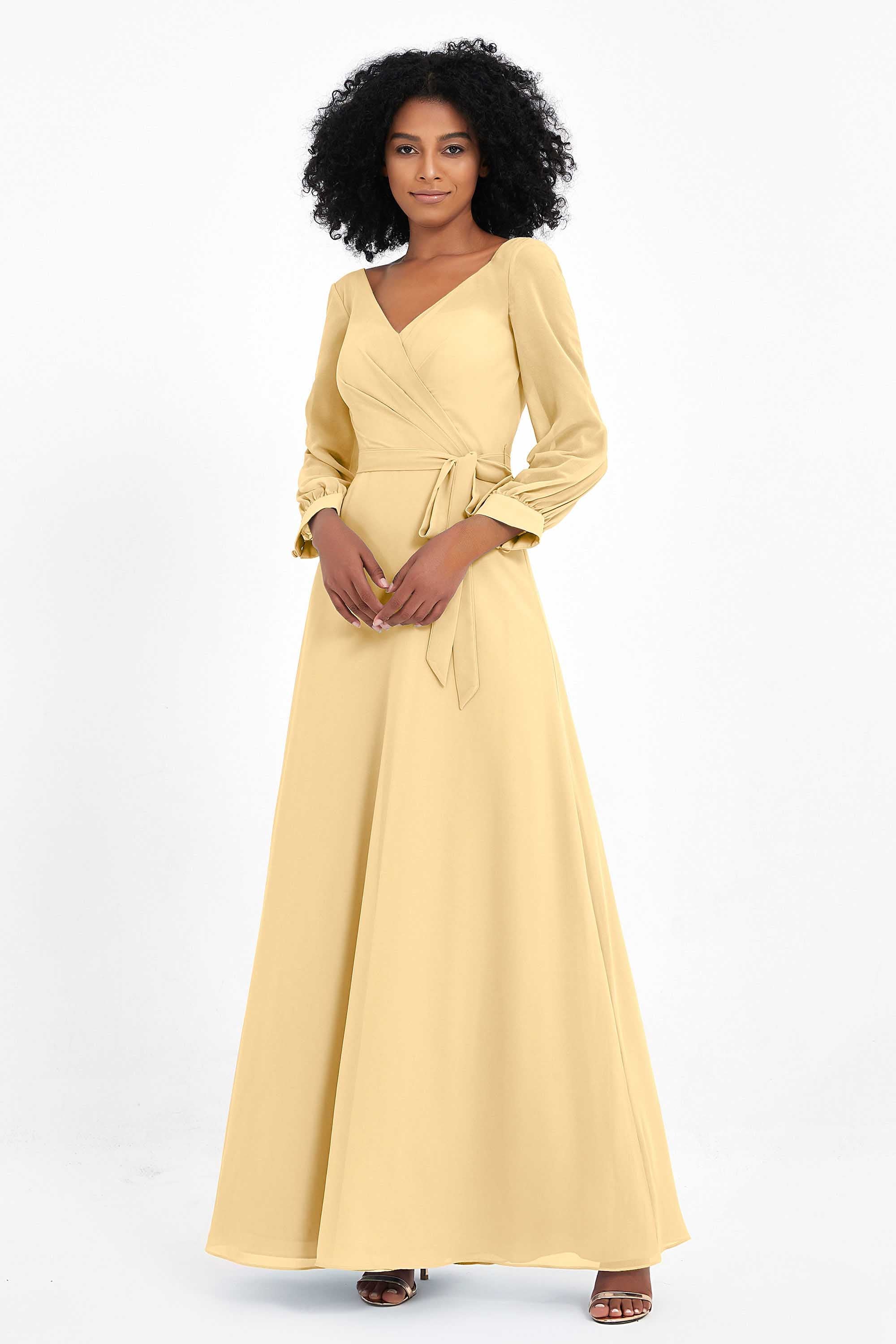 Elegance V Neck Junior Bridesmaid Dress Chiffon Long Sleeves Pleated Sashes Formal Evening Dresses