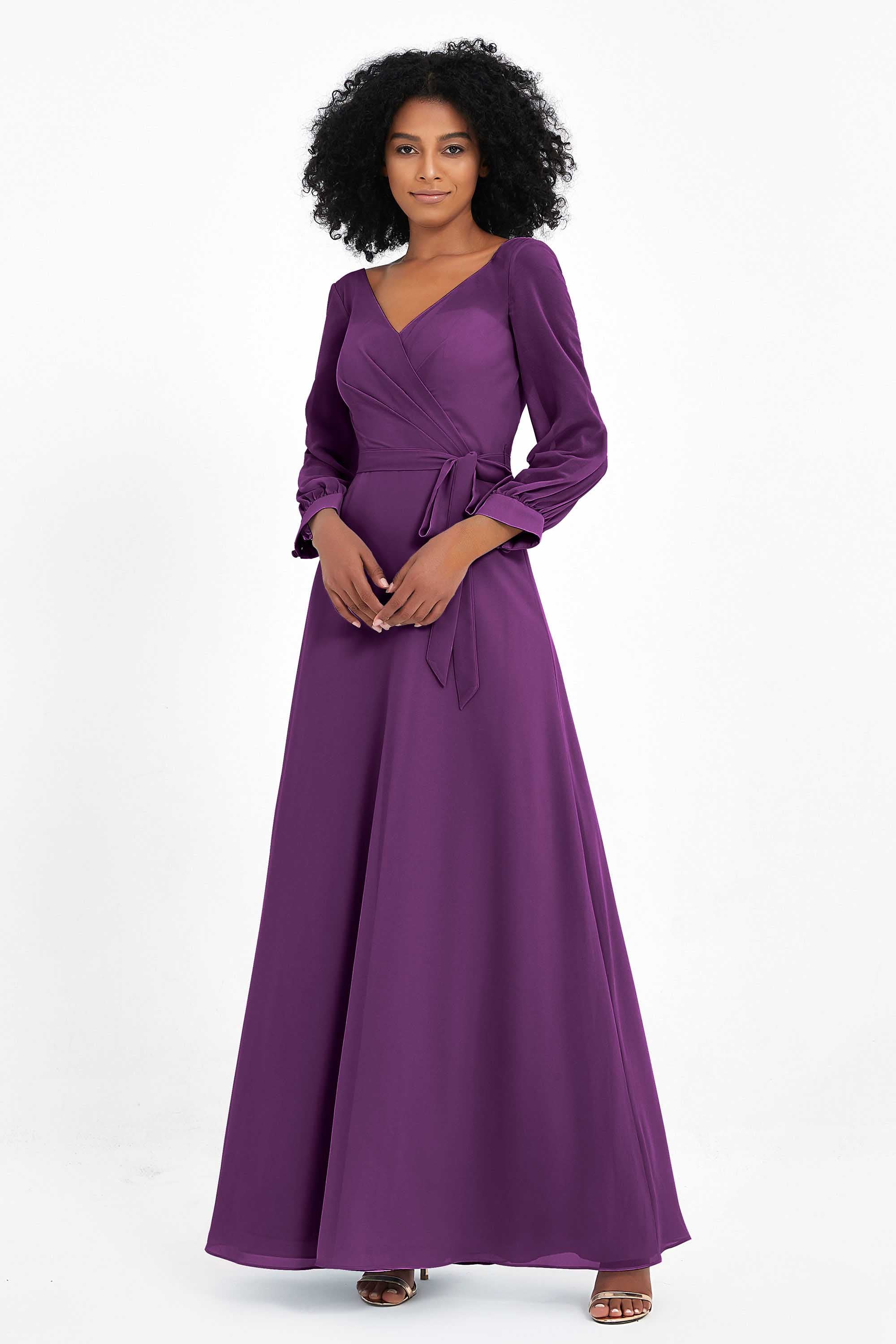 Elegance V Neck Junior Bridesmaid Dress Chiffon Long Sleeves Pleated Sashes Formal Evening Dresses