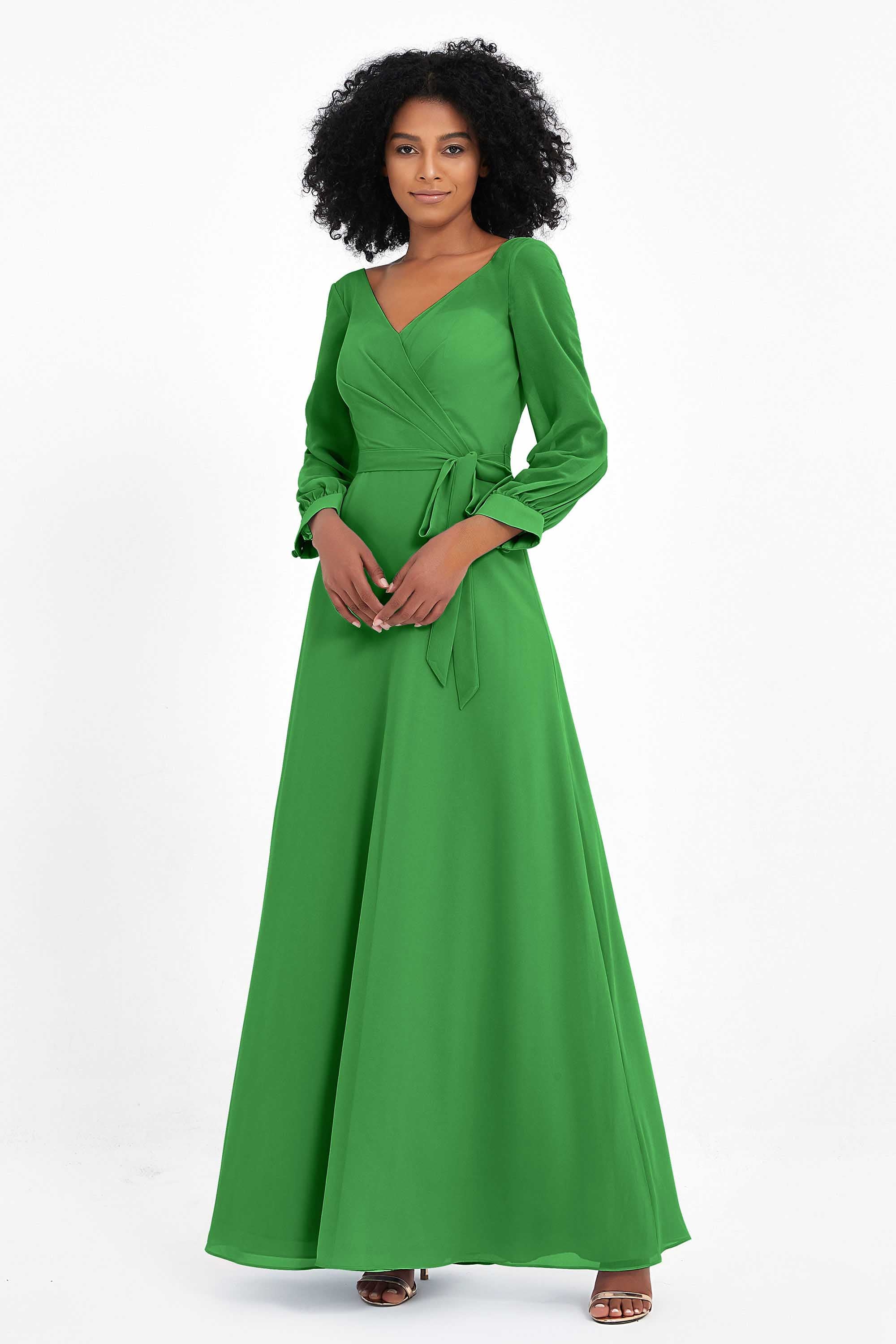Elegance V Neck Junior Bridesmaid Dress Chiffon Long Sleeves Pleated Sashes Formal Evening Dresses