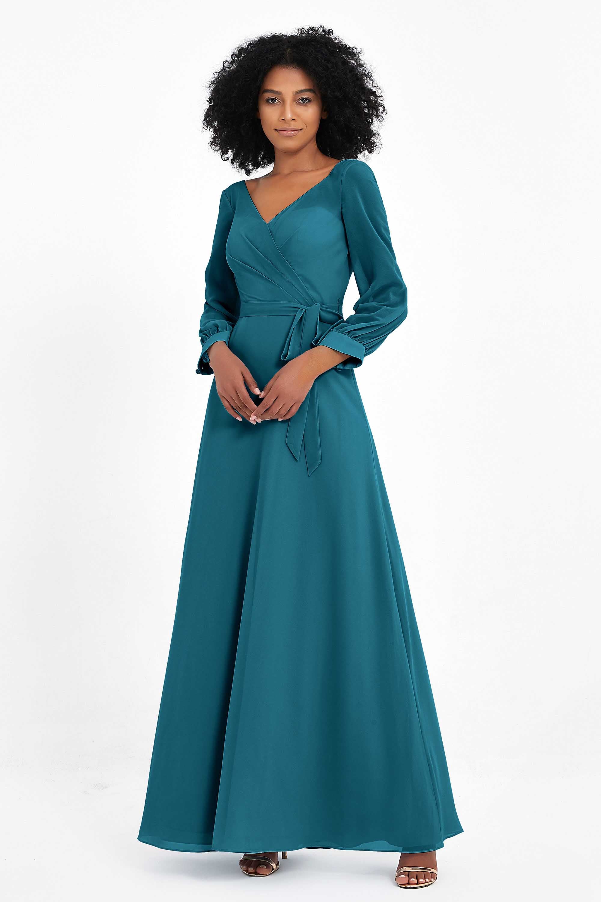 Elegance V Neck Junior Bridesmaid Dress Chiffon Long Sleeves Pleated Sashes Formal Evening Dresses