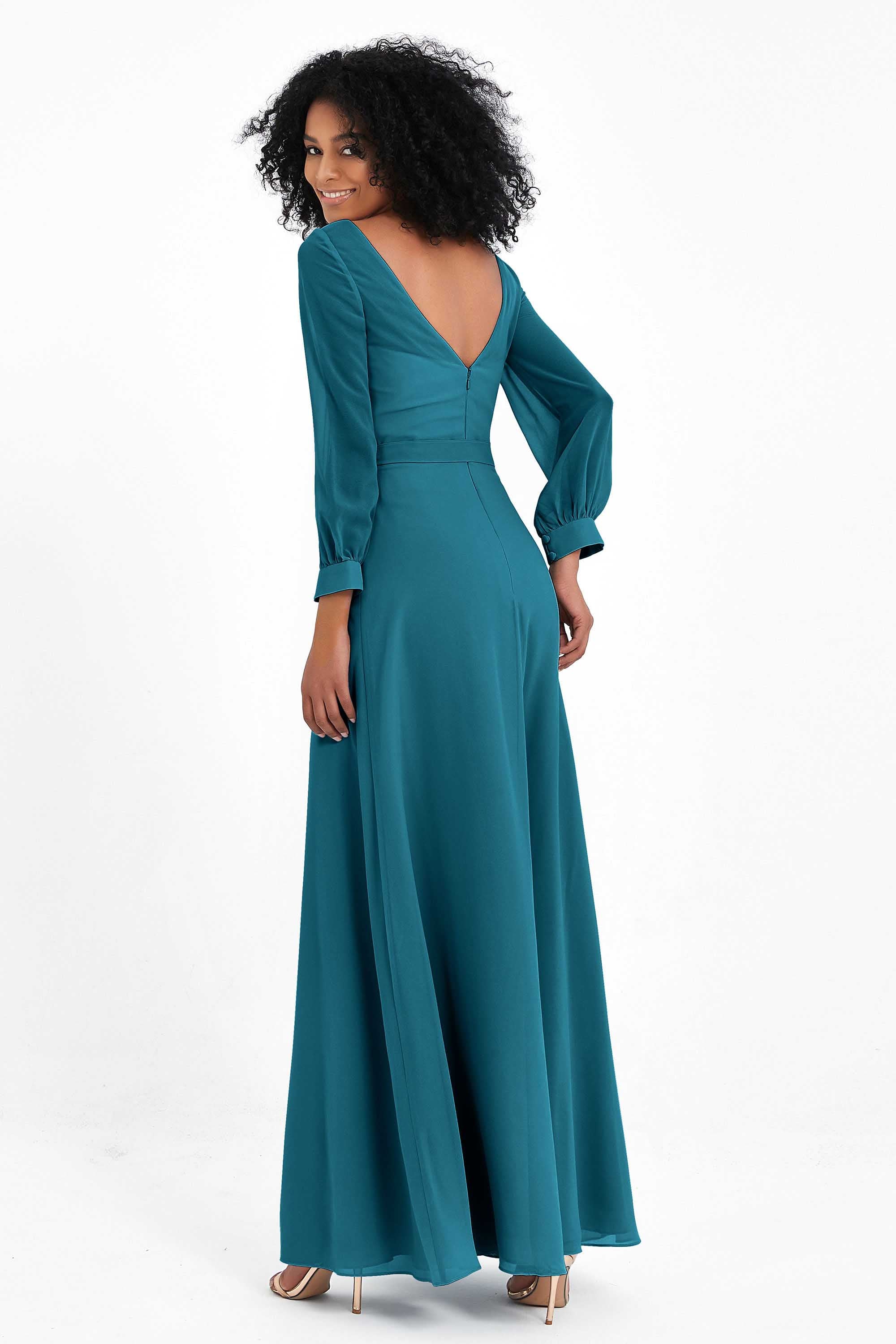 Elegance V Neck Junior Bridesmaid Dress Chiffon Long Sleeves Pleated Sashes Formal Evening Dresses