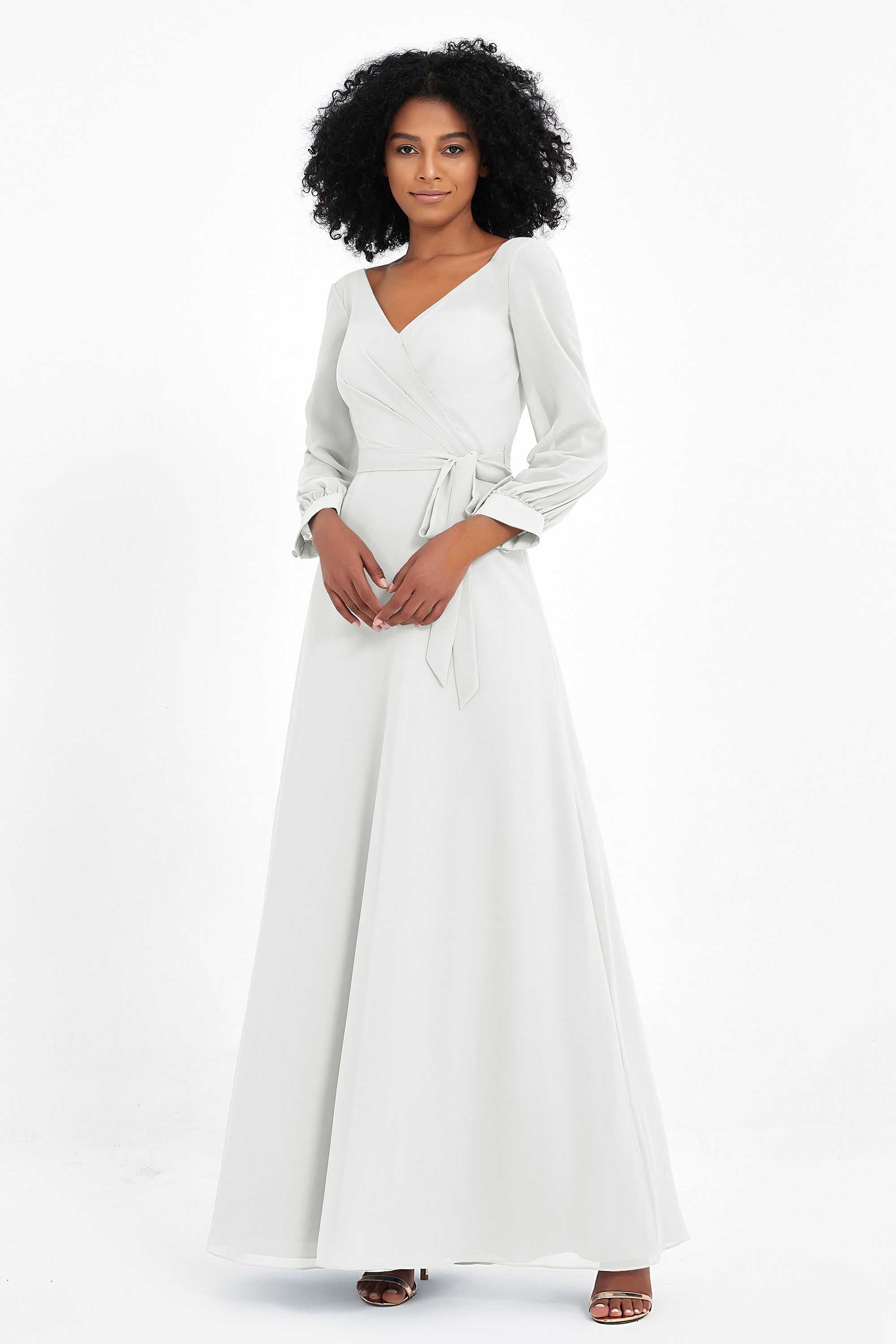 Elegance V Neck Junior Bridesmaid Dress Chiffon Long Sleeves Pleated Sashes Formal Evening Dresses