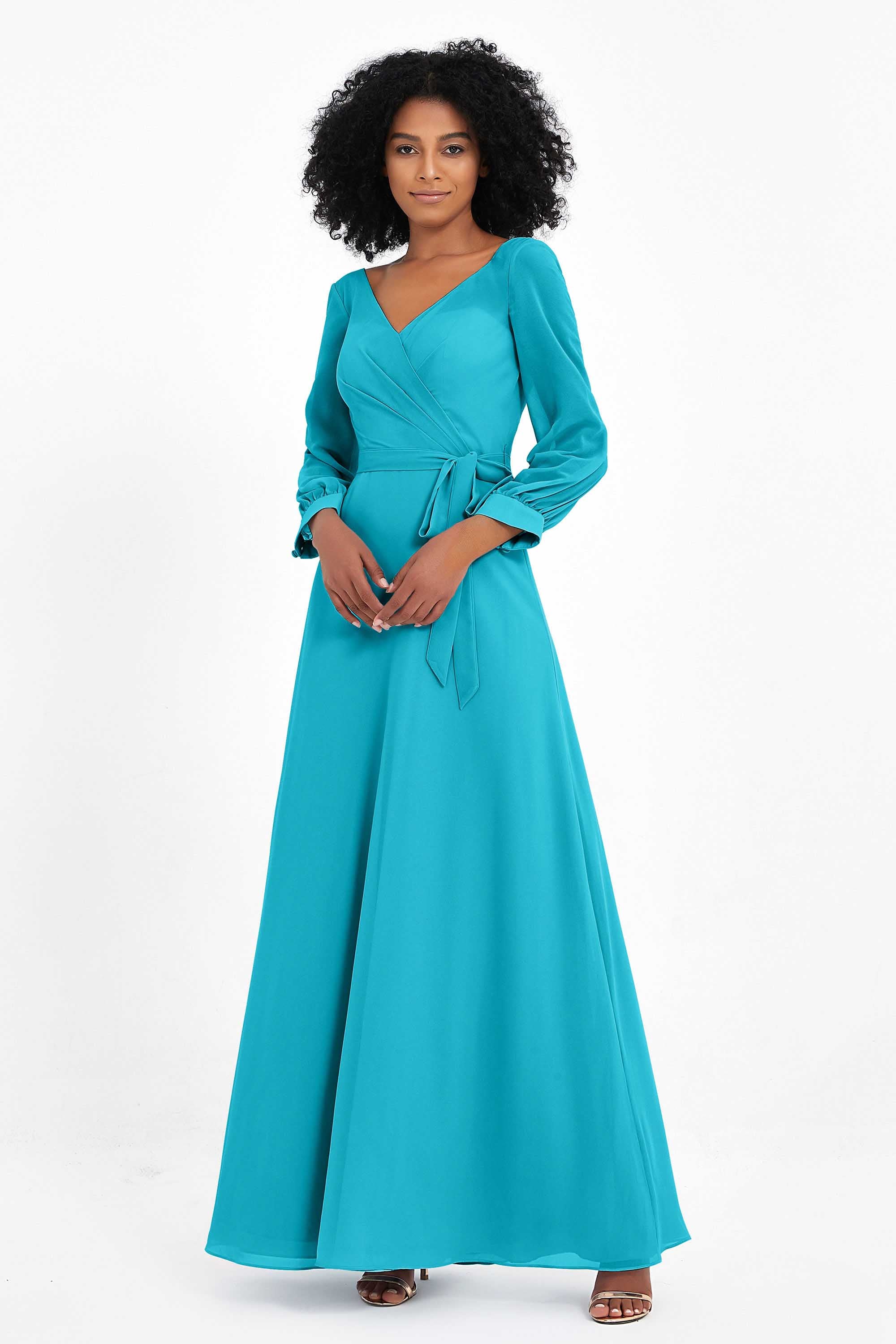 Elegance V Neck Junior Bridesmaid Dress Chiffon Long Sleeves Pleated Sashes Formal Evening Dresses