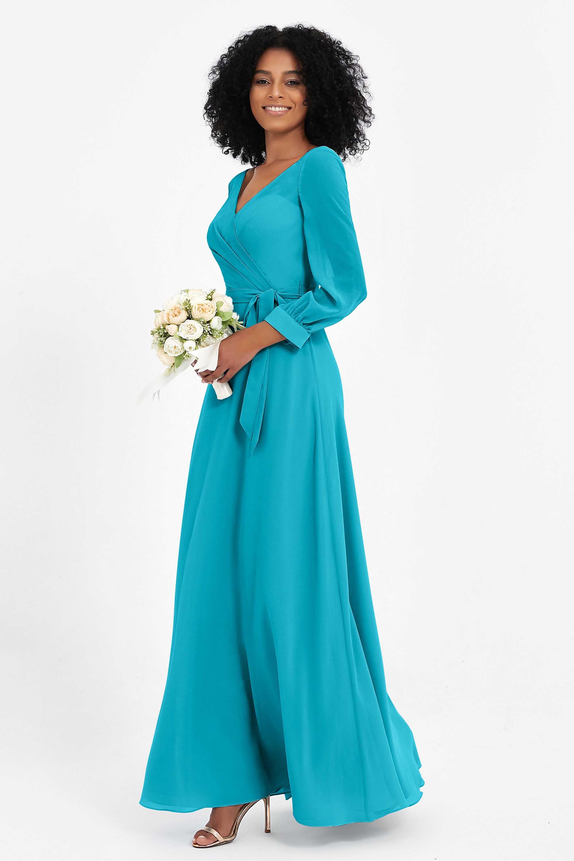 Elegance V Neck Junior Bridesmaid Dress Chiffon Long Sleeves Pleated Sashes Formal Evening Dresses