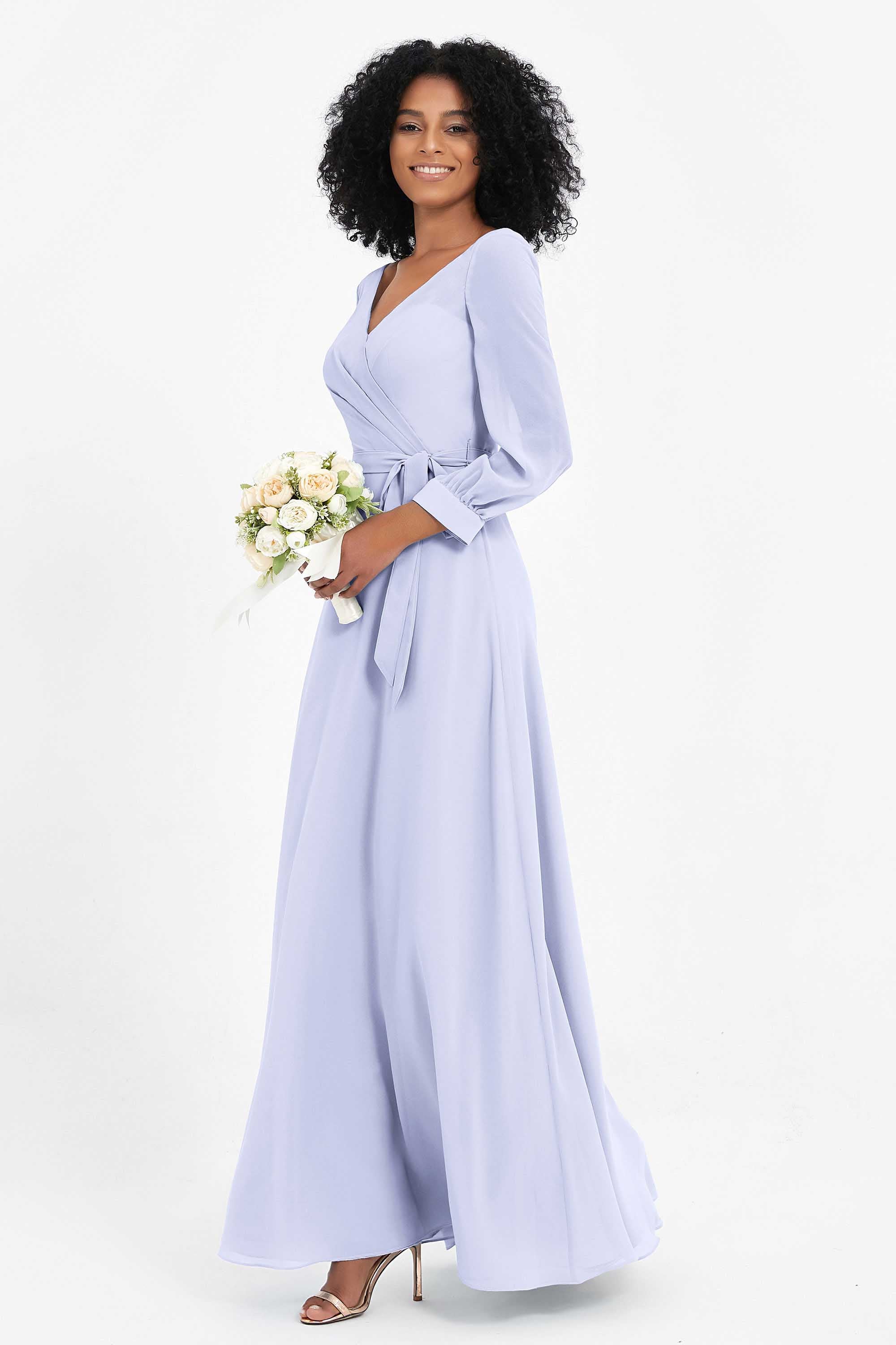 Elegance V Neck Junior Bridesmaid Dress Chiffon Long Sleeves Pleated Sashes Formal Evening Dresses