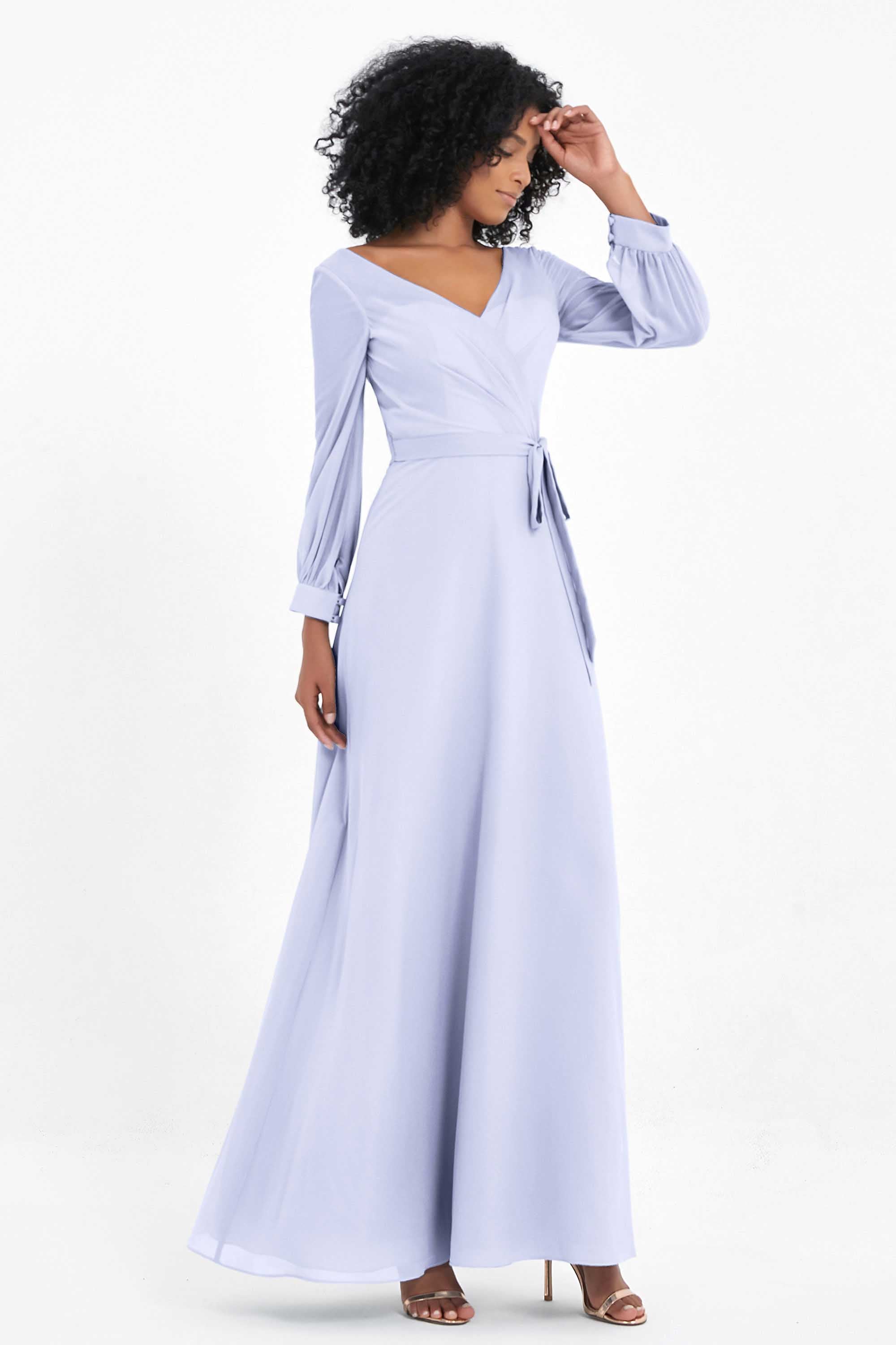 Elegance V Neck Junior Bridesmaid Dress Chiffon Long Sleeves Pleated Sashes Formal Evening Dresses