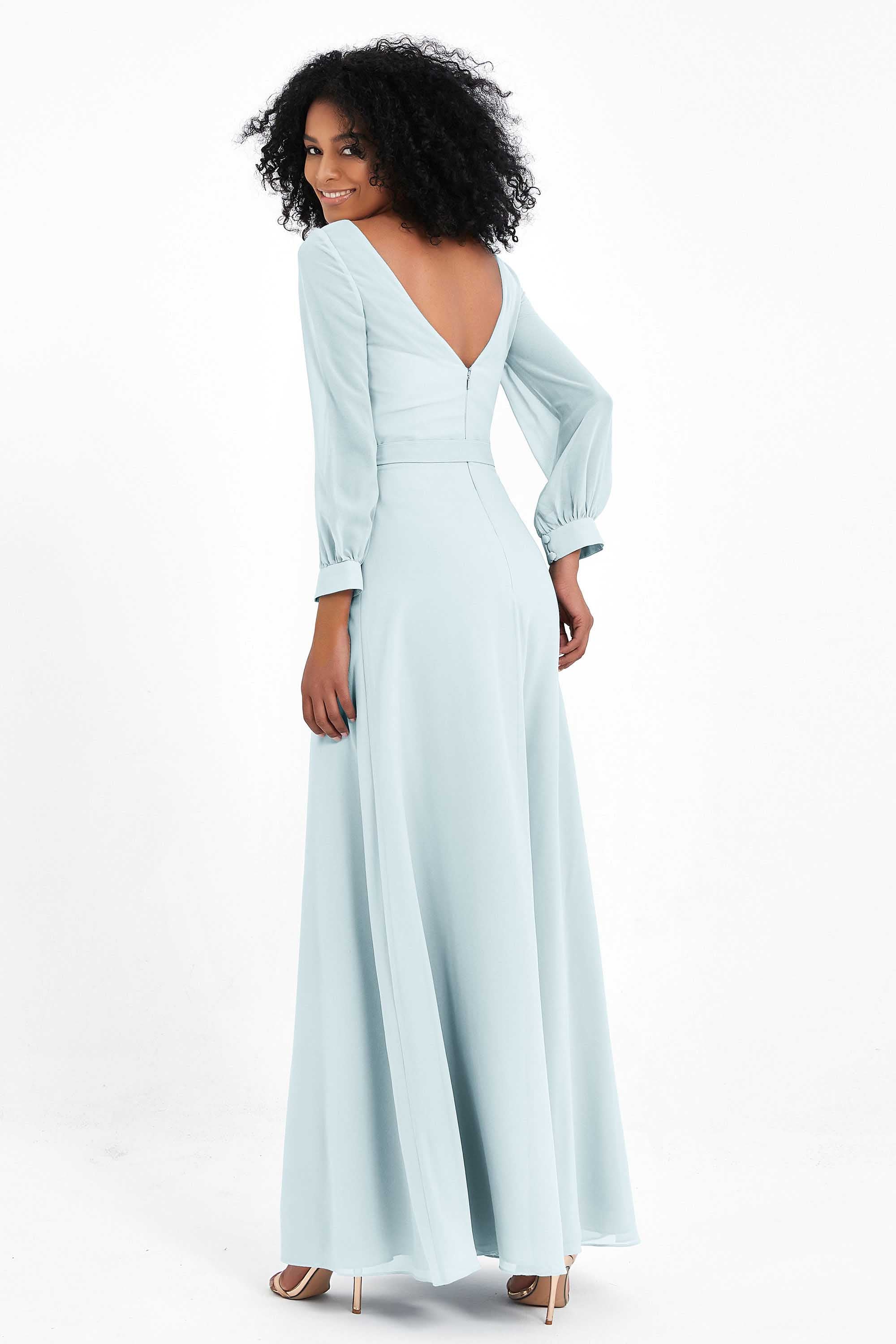 Elegance V Neck Junior Bridesmaid Dress Chiffon Long Sleeves Pleated Sashes Formal Evening Dresses