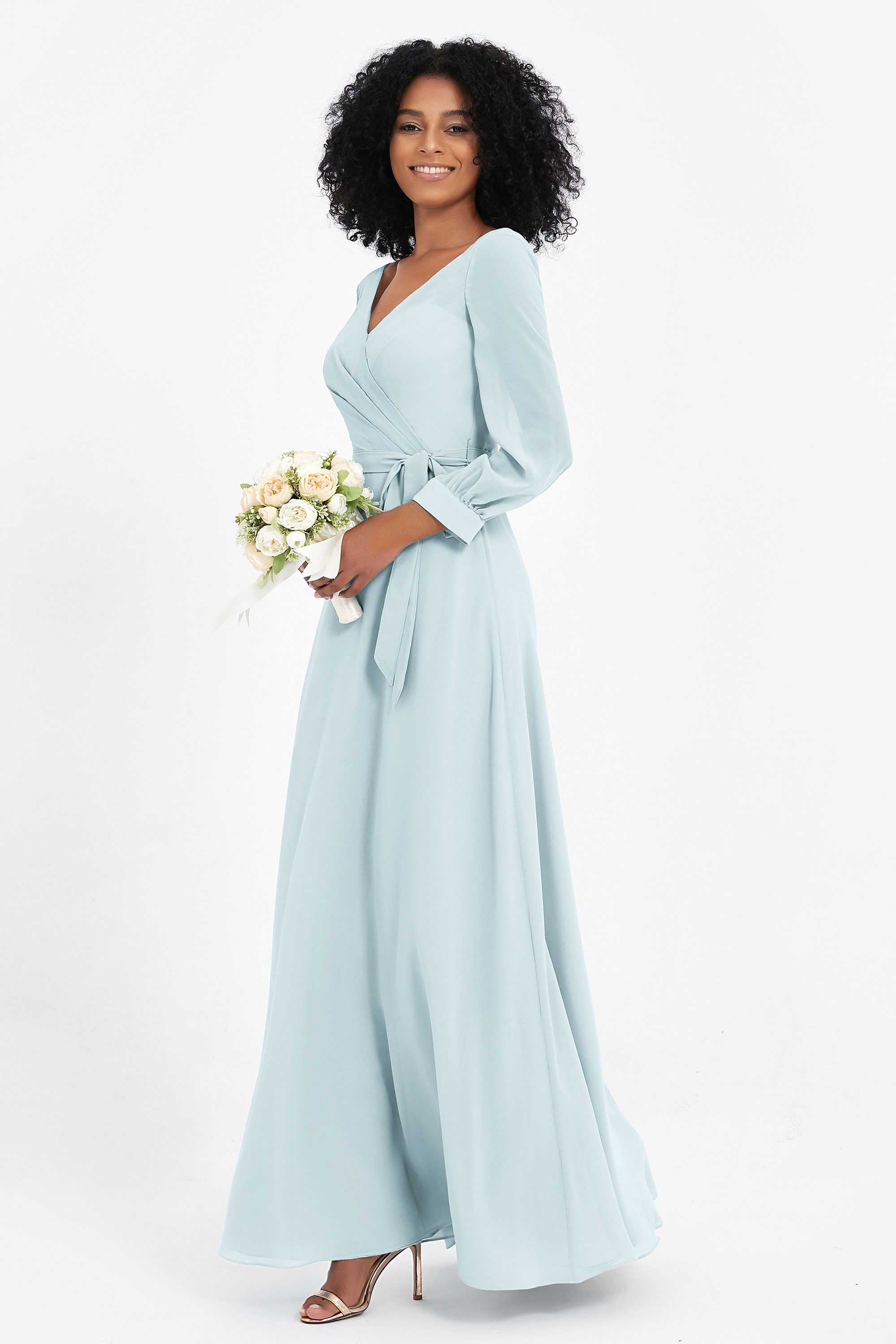 Elegance V Neck Junior Bridesmaid Dress Chiffon Long Sleeves Pleated Sashes Formal Evening Dresses